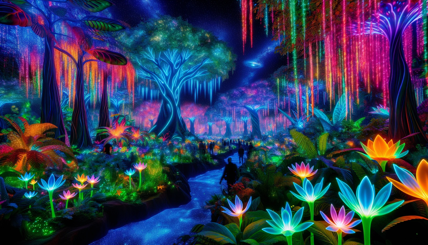 Step into a breathtaking alien jungle where vibrant, luminescent flora and fauna glow with enchanting hues. Towering trees with bioluminescent leaves cast ethereal glows, while exotic flowers pulse with light, illuminating the underbrush. Strange, luminous creatures flit through the air, leaving trails of shimmering sparkles, while a shimmering blue river winds through the vivid landscape, reflecting the kaleidoscope of colors overhead.