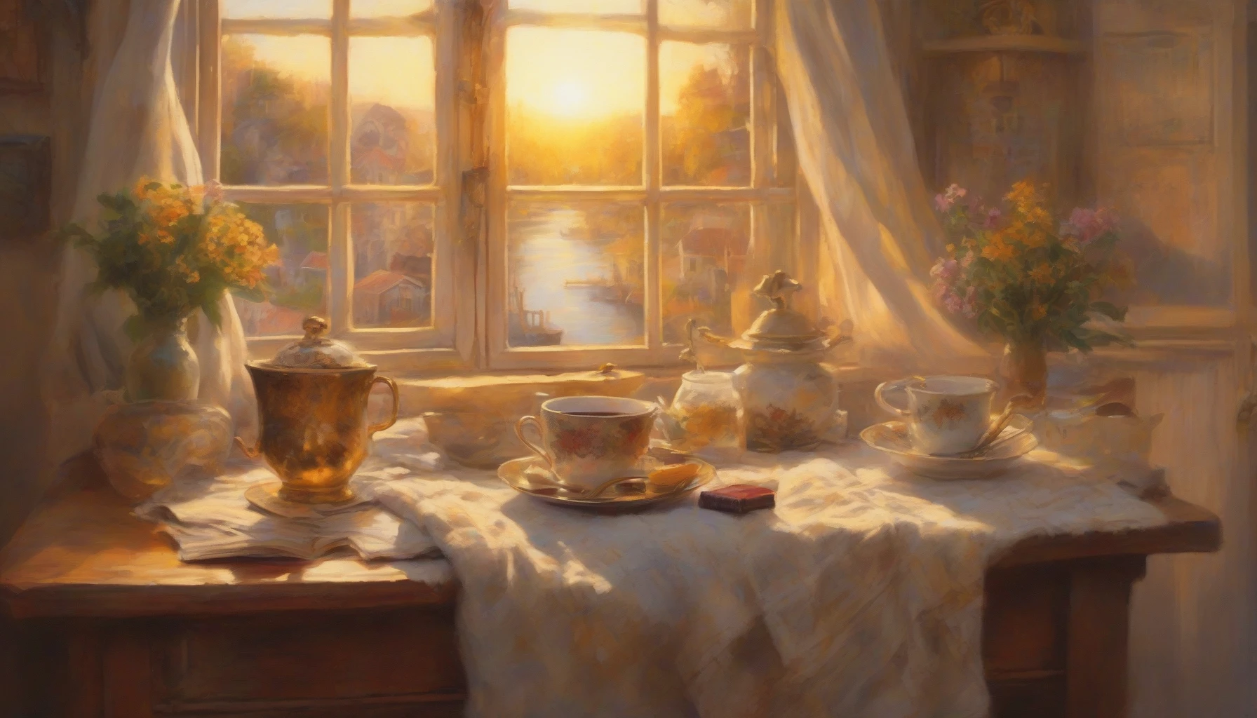 Picture a cozy, sunlit room where the weary traveler, draped in a soft blanket, sinks into a comforting hug from a loved one. Their faces radiate joy and relief, the walls adorned with travel mementos. Outside, a golden sunset casts a warm glow, while a steaming cup of tea waits on a nearby table, encapsulating the essence of homecoming and connection.