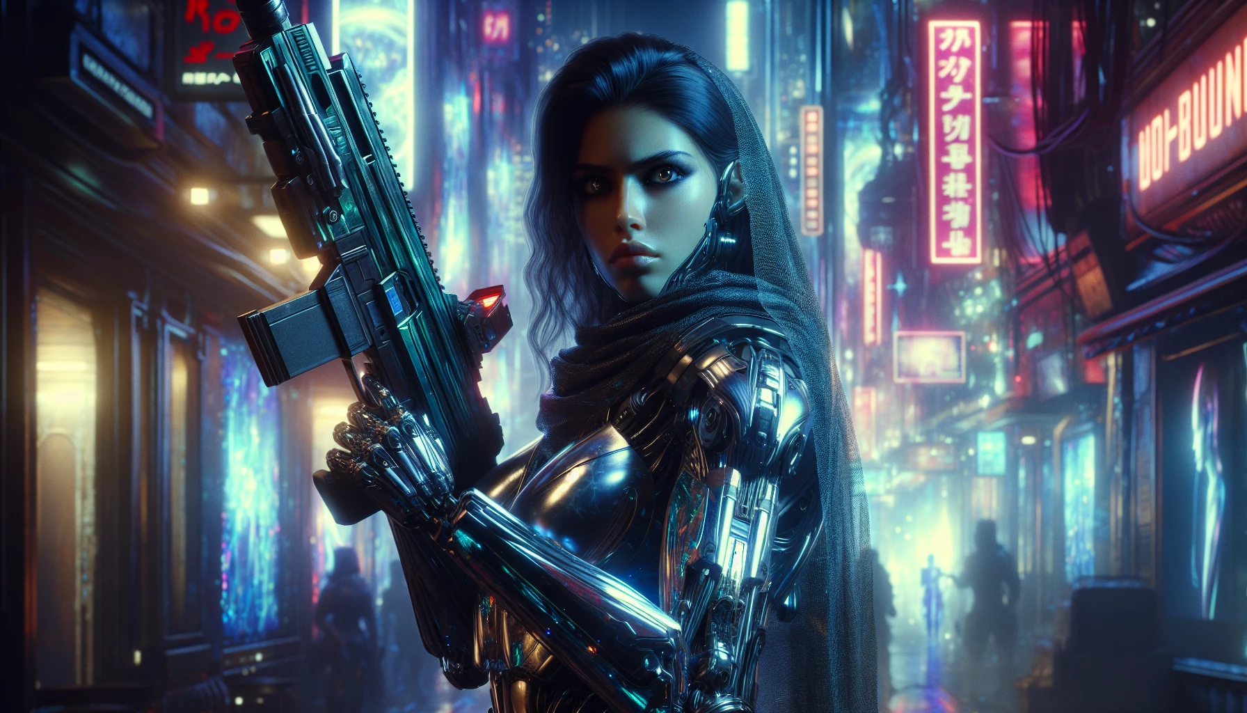 A fierce bounty hunter stands poised in a neon-lit urban landscape, clad in sleek armor that glimmers under the distant glow of holographic advertisements. Her fierce gaze is fixed ahead, and in her hands, she grips a shimmering plasma rifle, crackling with energy. The city pulses with life around her, a blend of advanced technology and gritty realism, as she prepares to claim her next target amidst the shadows.