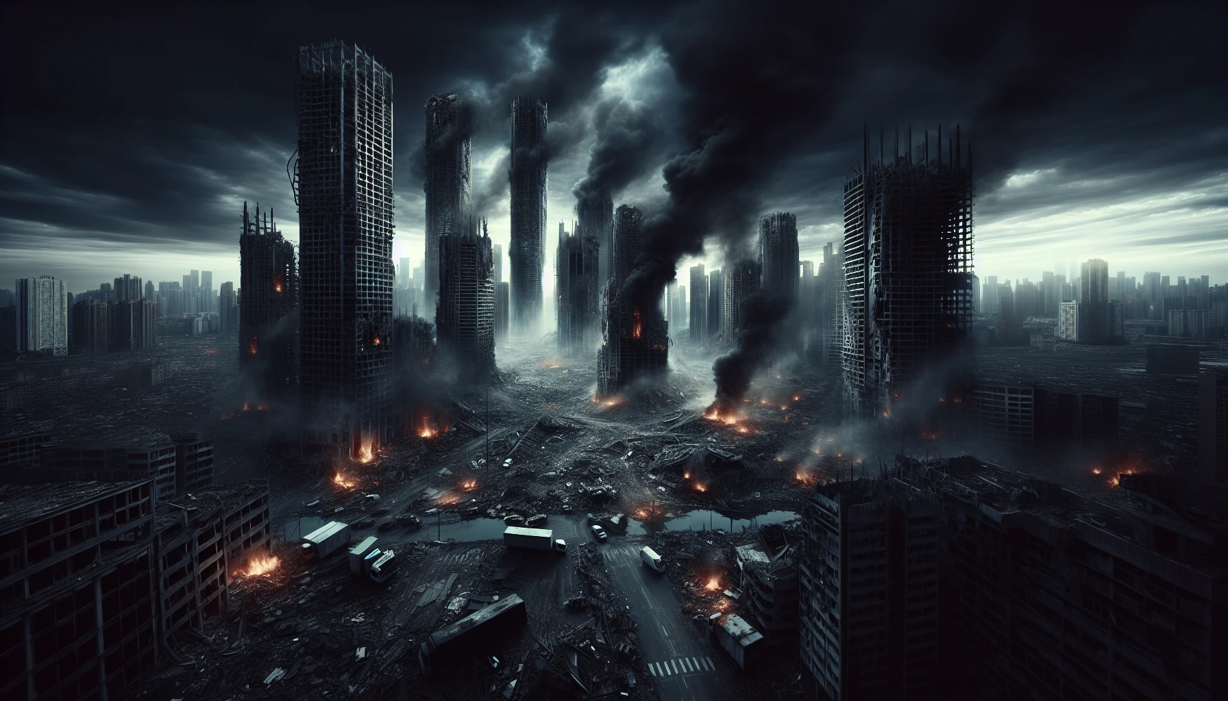 A desolate cityscape ravaged by conflict unfolds, with towering skyscrapers crumbling under relentless artillery fire. Dark smoke billows into the sky, casting an ominous shadow over the wreckage below. Ashen debris fills the air, and flickering fires illuminate the chaos, revealing glimpses of abandoned vehicles and shattered glass. Amidst the destruction, a haunting silence persists, echoing the remnants of lives once lived in this beleaguered metropolis.