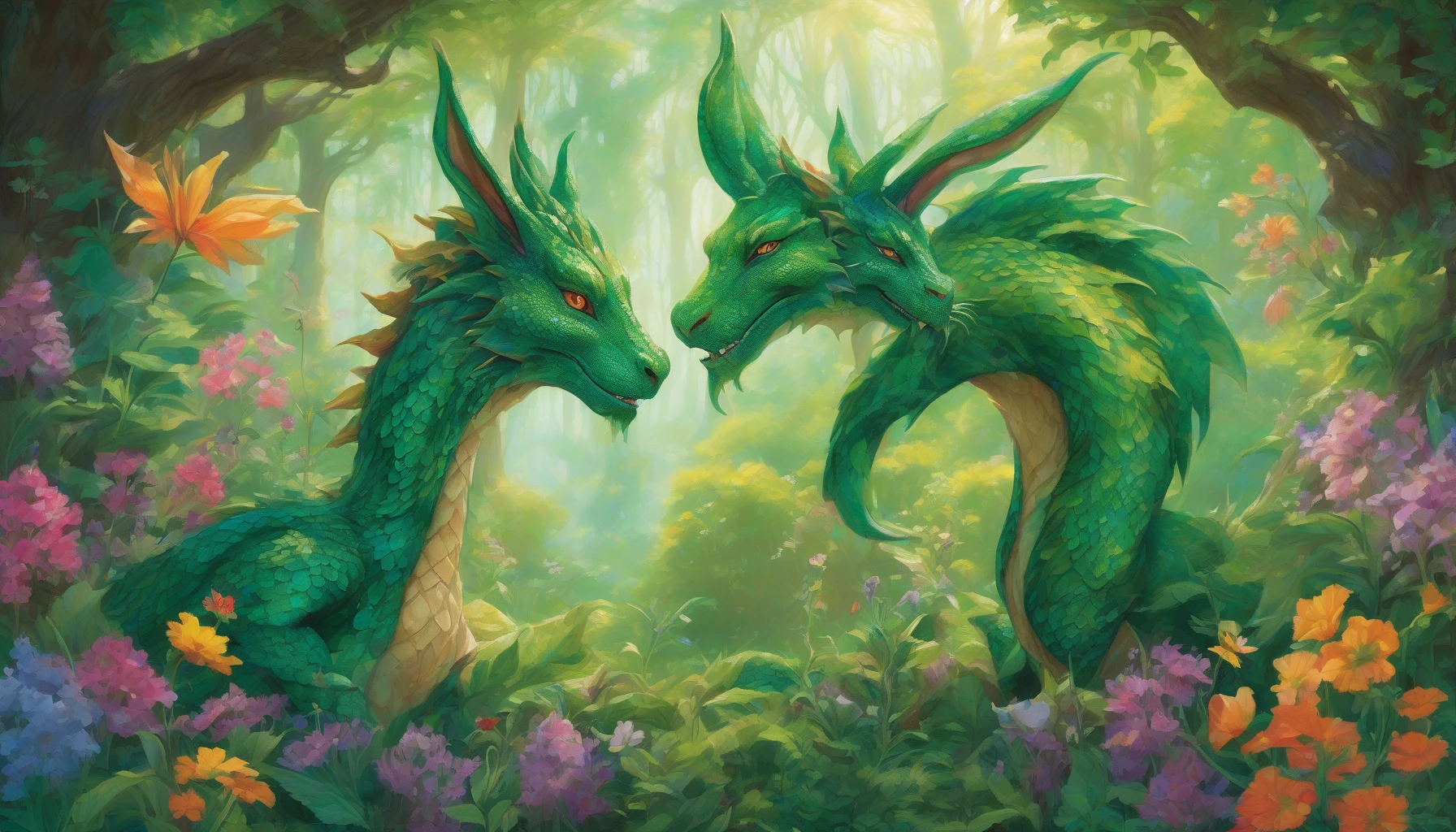 In a lush, enchanted forest, a fierce dragon and a timid rabbit stand shoulder to shoulder, their eyes locked in a moment of understanding. The dragon, scales shimmering in hues of emerald, gently lowers its massive head to meet the rabbit's gaze. Surrounding them are vibrant wildflowers and dappled sunlight filtering through the canopy, creating a magical aura that showcases this rare bonding moment between two unrelated beings.