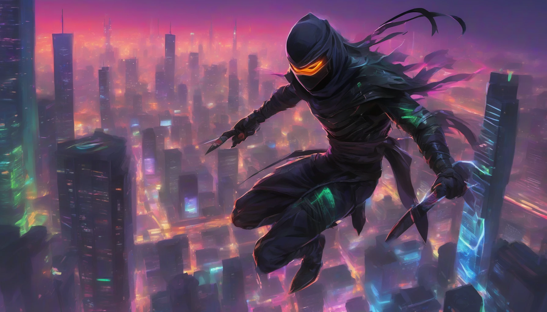 Imagine a sleek, high-tech ninja poised for action atop a neon-lit skyscraper at twilight. Clad in a form-fitting, dark armor seamlessly integrated with advanced technology, the warrior wields translucent, glowing blades that pulse with energy. The cityscape below radiates vibrant colors, reflecting the dynamic energy of the urban jungle. Wisps of mist swirl around the ninja, enhancing the air of mystery and anticipation before the next heart-pounding move.