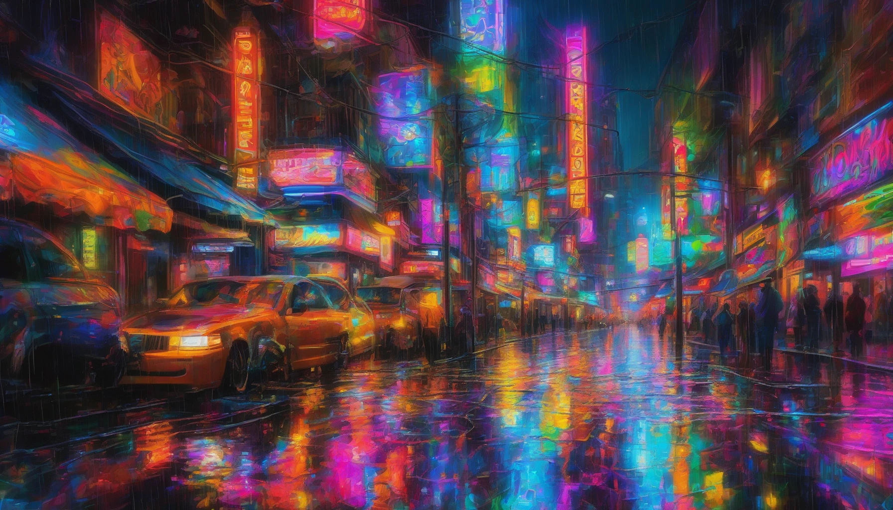 A vibrant cityscape comes to life under a cascade of raindrops, where neon lights ripple across the pavement, casting a kaleidoscope of colors onto the wet ground. Glowing signs flicker above bustling streets, while reflections dance in puddles, creating a dreamlike atmosphere. The air is charged with energy, and shadows mingle with luminous hues, inviting onlookers to lose themselves in this urban symphony of light and water.