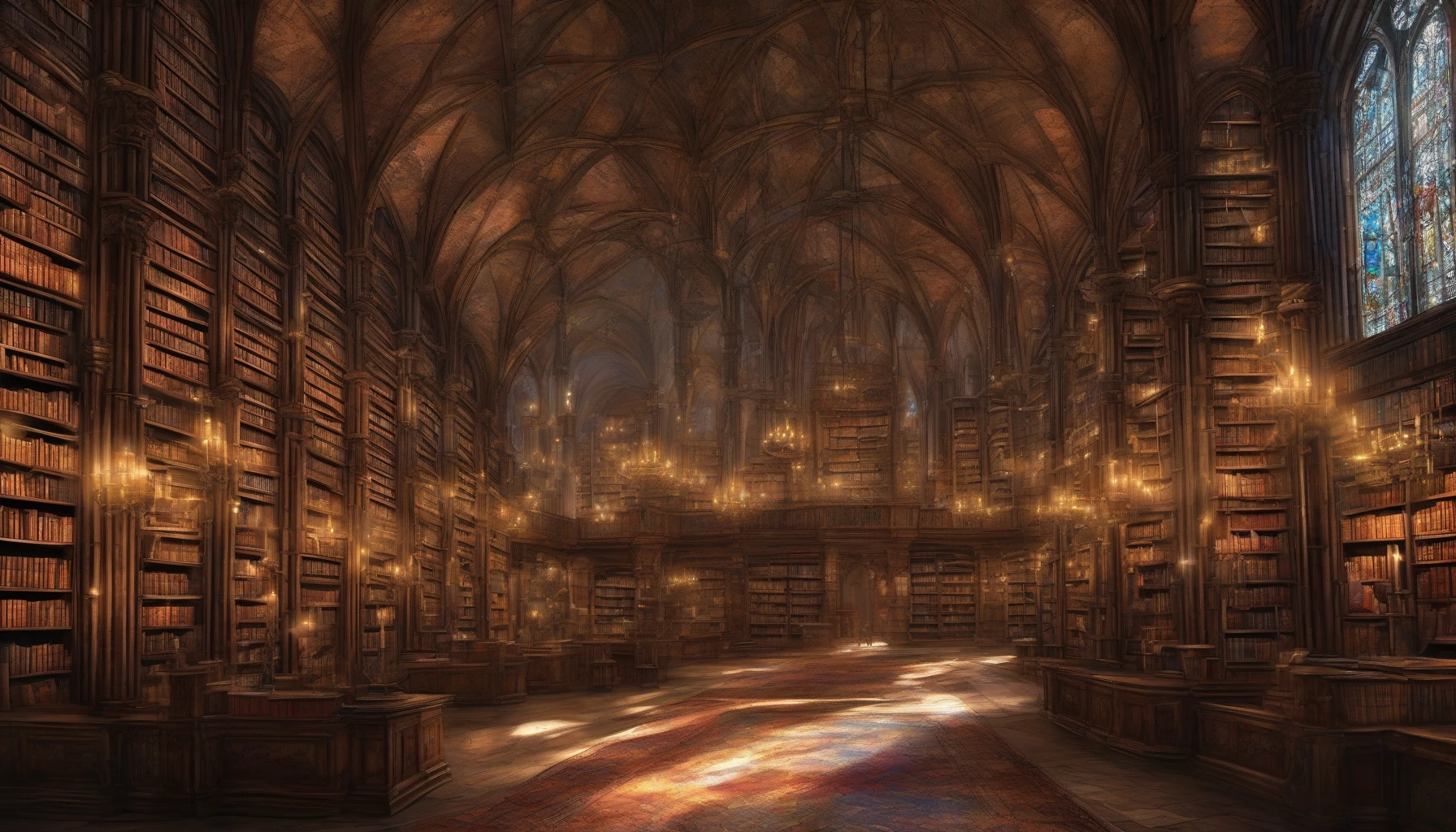 Step into a grand, ancient library where towering shelves are lined with countless leather-bound volumes. Illuminated by ethereal light, books hover gracefully in mid-air, their pages fluttering as if caught in a gentle breeze. Dust motes dance in the shafts of sunlight streaming through stained glass windows, creating a magical atmosphere that invites exploration. This enchanting scene promises secrets of knowledge waiting to be uncovered.