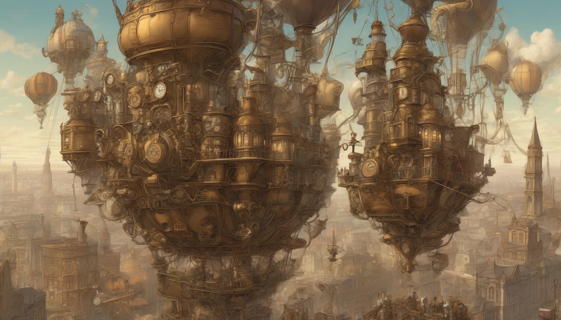 Imagine a bustling, Victorian-era cityscape brimming with steam-powered contraptions and intricate machinery. Towering brass towers adorned with glowing filigree and whirring gears dominate the skyline, while airships drift lazily above. In the foreground, a group of eclectic inventors, dressed in leather and goggles, work fervently on a fantastical automaton. The warm hues of sunset reflect off polished metal surfaces, creating a mesmerizing blend of innovation and nostalgia.