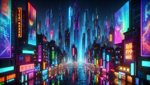 Imagine an ultra-realistic view of a cyberpunk cityscape at night. It's teeming with neon lights that reflect off the wet streets, creating pools of electric color. Numerous towering skyscrapers pierce the dark night sky, each a monolith of technology and progress. Holographic billboards are plentiful, their vibrant displays illuminating the otherwise dark streets of this futuristic urban environment. The skyline is a riot of holograms and silhouettes, as unique building designs jut into the night, each a testament to the relentless progress of this vivid, futuristic world.