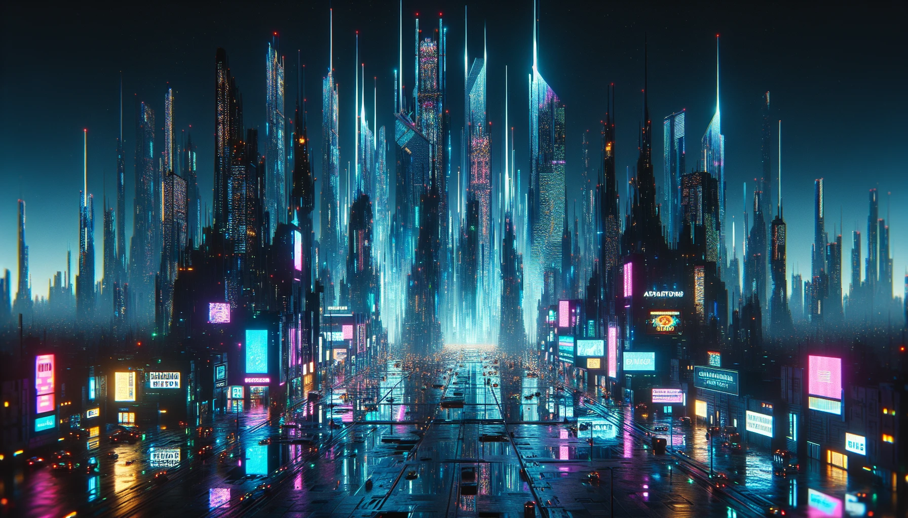 Visualize an ultra-realistic nocturnal cityscape in a cyberpunk style. The city is awash with neon lights that mirror off the damp asphalt, crafting puddles of electrifying hues. Numerous lofty towers spear through the obsidian night canopy, each standing as a beacon of technological advancement. Holographic adverts are plentiful, their vibrant animations shedding light upon the otherwise shadowed alleys of this advanced urban ecosystem. The horizon is an eruption of holographic projections and darkened outlines, as the innovative architectural structures puncture the night, each shaping the unending evolution of this vivid, futuristic metropolis.