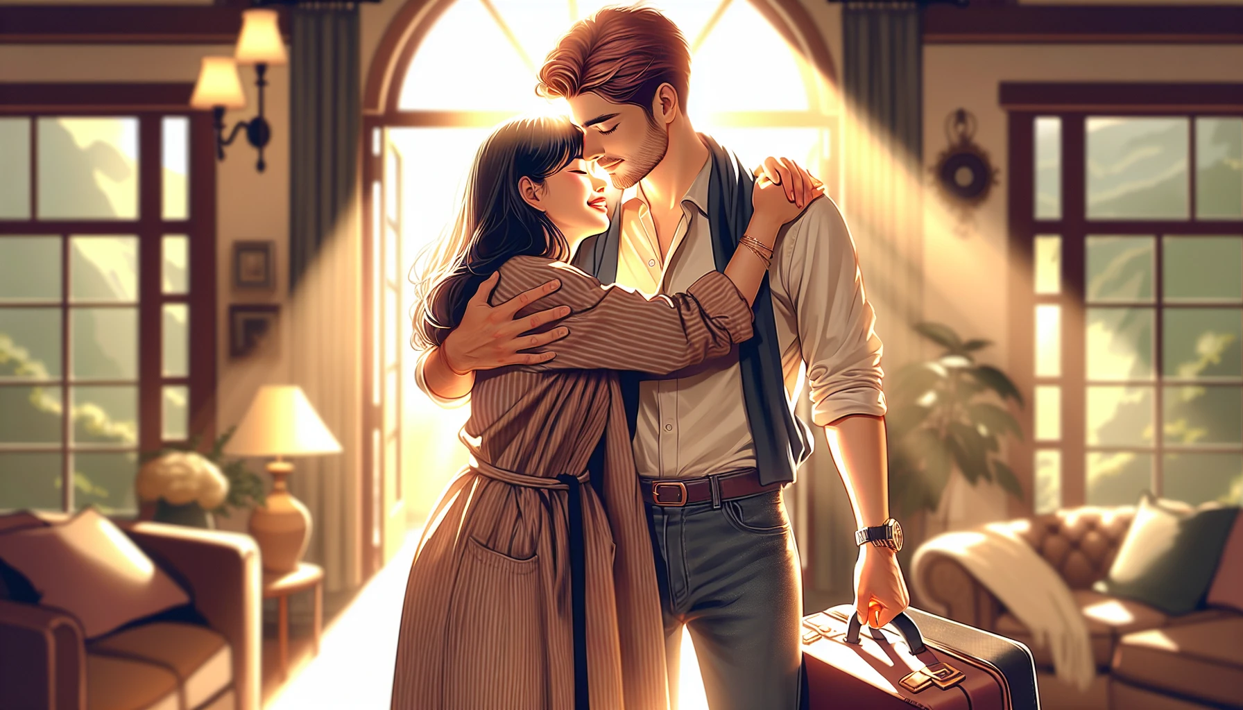 Visualize a serene scene depicting a joyful reunion, where two figures share a heartfelt hug in an intimate, sun-drenched setting. The background features a cozy home, with glowing soft lights suggesting warmth and comfort. Their clothing reflects a mix of casual travel wear and elegant home attire. The atmosphere is filled with emotion, capturing the relief and happiness of finally being together after a long separation.