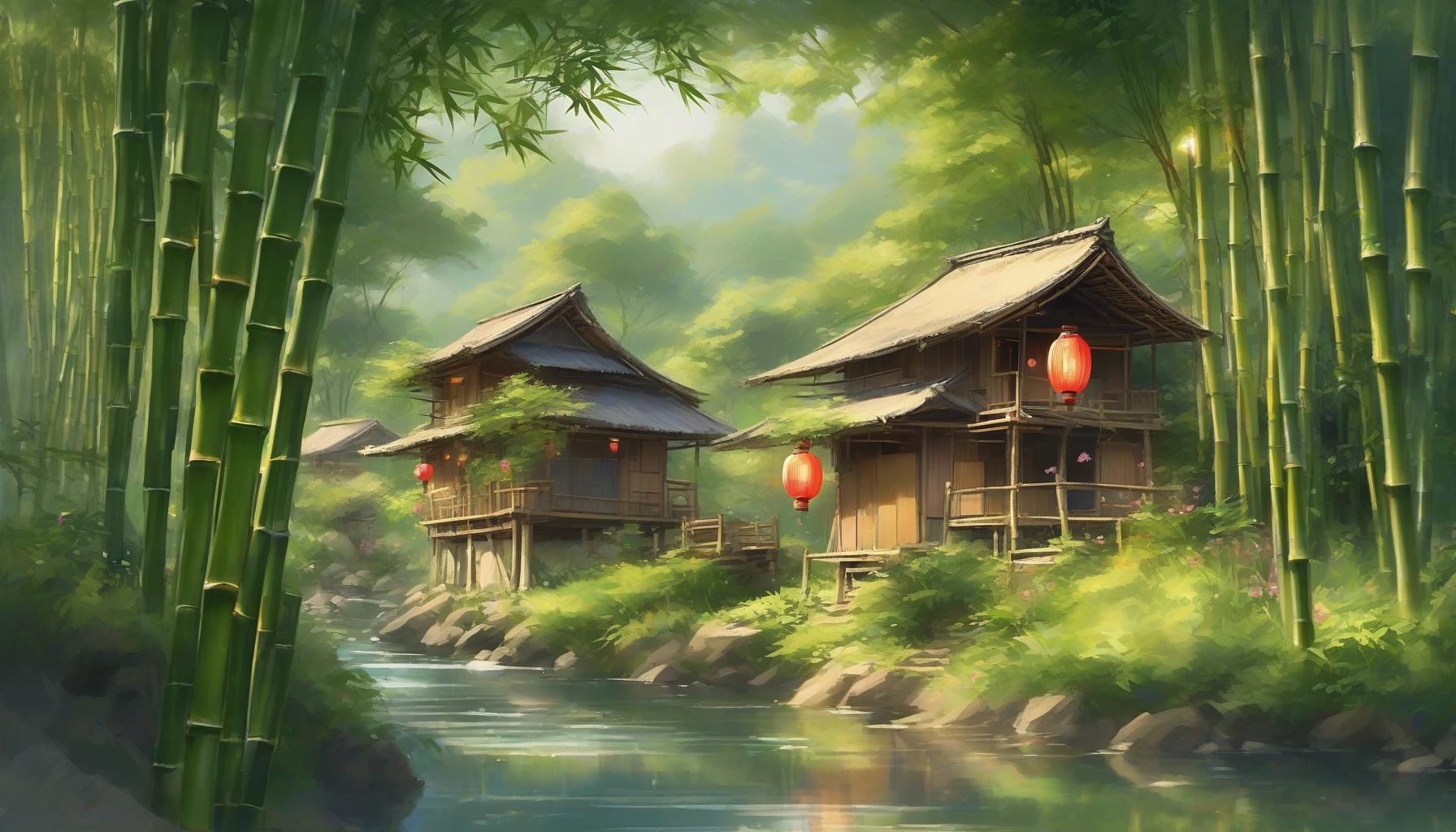 Enveloped by towering bamboo stalks, a hidden village thrives in serene harmony with nature. Traditional wooden huts, adorned with colorful lanterns, peek through the verdant foliage, while delicate cherry blossoms float gently on the breeze. Soft whispers of a nearby stream blend with distant laughter of villagers, creating an enchanting atmosphere. Golden rays of sunlight filter through the leaves, illuminating a tranquil scene that invites exploration and wonder.