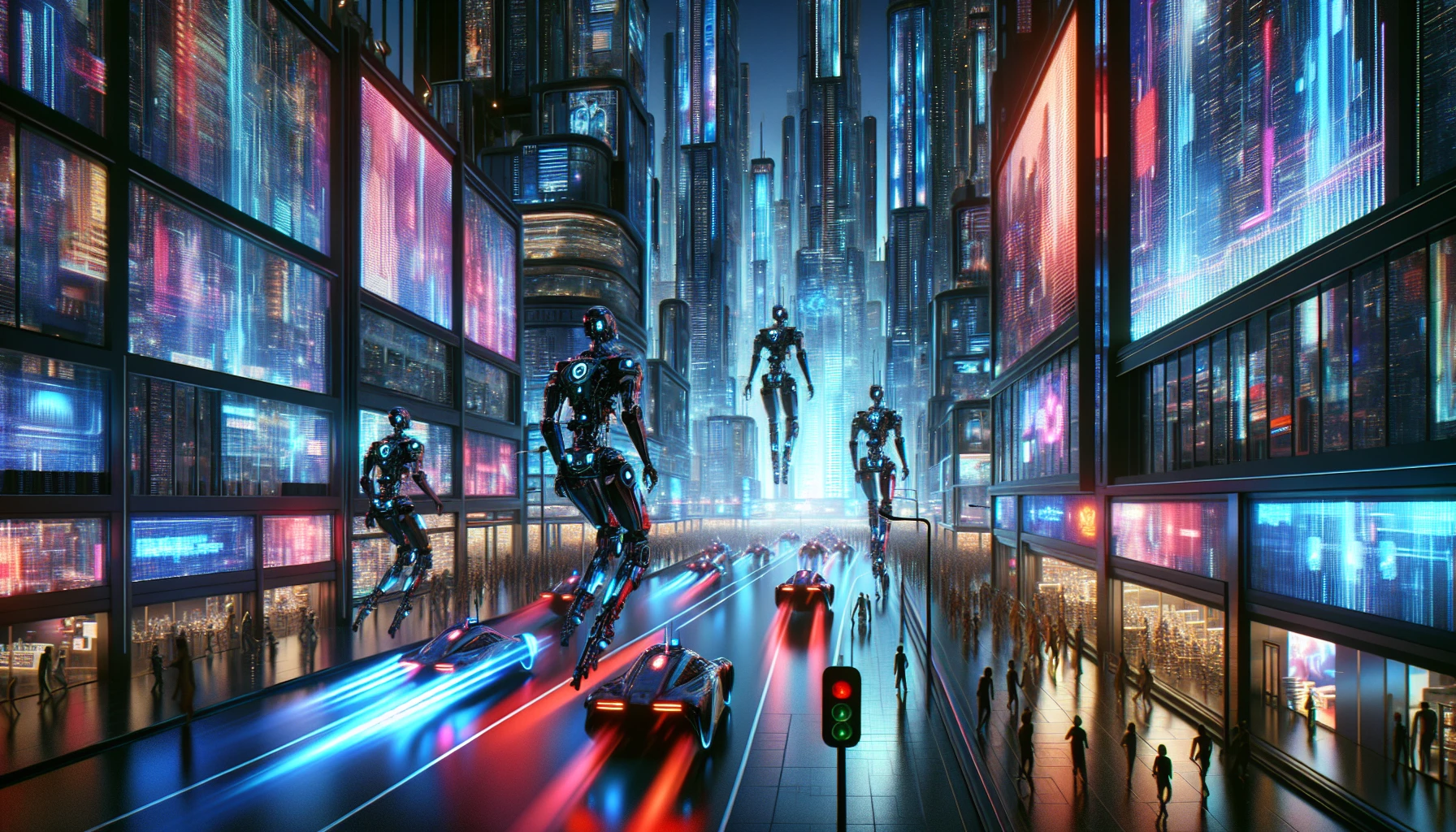 In a sprawling cyber-city, sleek AI-powered police patrols glide through the neon-lit streets, their chrome exoskeleton shimmering under the vibrant flashes of red and blue lights. Towering skyscrapers loom above, their glass facades reflecting the electric glow. Holographic ads flicker amid the shadows, while citizens navigate the bustling roads below, caught in the tension between security and surveillance in this futuristic realm.