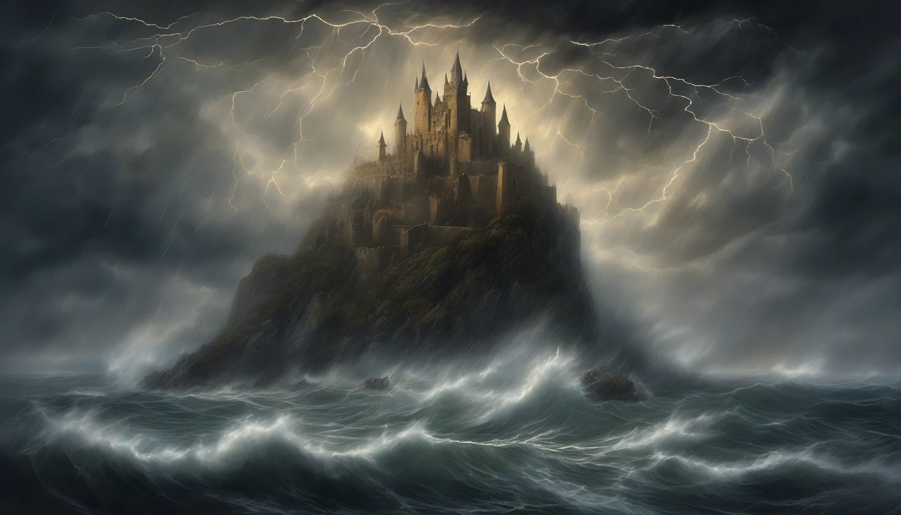 A majestic castle, suspended among the turbulent clouds, towers above a tempestuous sea below. Dark storm clouds swirl ominously, crackling with electric energy as torrents of rain cascade down. The castle, illuminated by flashes of lightning, boasts intricate spires and glistening stone walls, with vines clinging desperately to its structure. Wisps of fog curl around its foundations, adding to the ethereal and perilous beauty of this enchanted fortress amidst chaos.