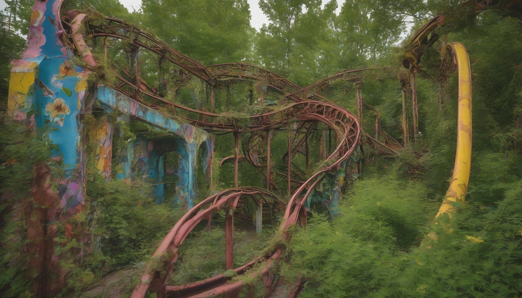 Envision a once-vibrant amusement park, now a hauntingly beautiful relic overtaken by nature. Rusting roller coasters twist among towering, lush greenery, while colorful, faded murals peek through thick vines. Weeds burst through cracked pavement, and wildflowers bloom in unexpected corners, creating a tapestry of colors against the dreary backdrop. The air is thick with the scent of damp earth, echoing the laughter of the past, inviting the viewer to explore this overgrown wonderland.