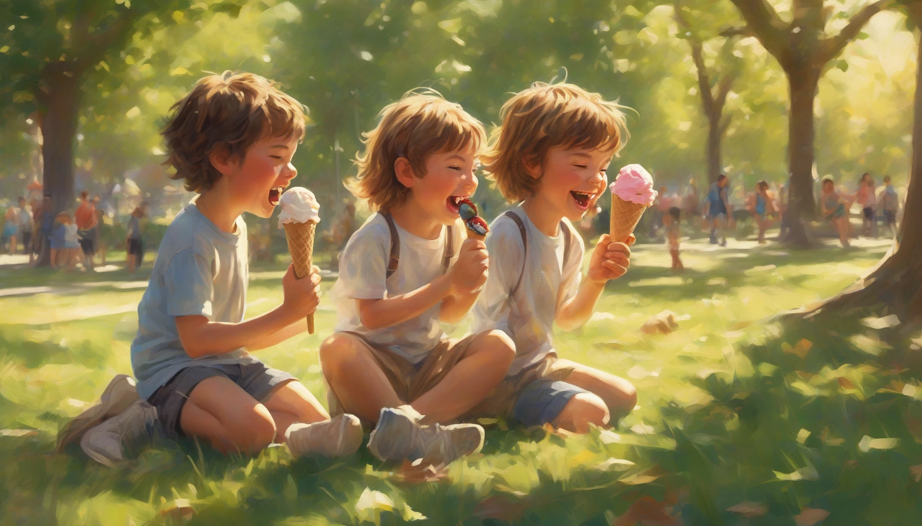 Capture a vibrant scene in a sunlit park where two childhood friends engage in playful teasing. One friend, with a mischievous grin, reaches for the other’s ice cream cone, while the second bursts into laughter, ready to retaliate with a handful of grass. Surround them with lush green trees, sparkling sunlight filtering through leaves, and the joyous energy of summer afternoons, embodying the carefree spirit of youth.