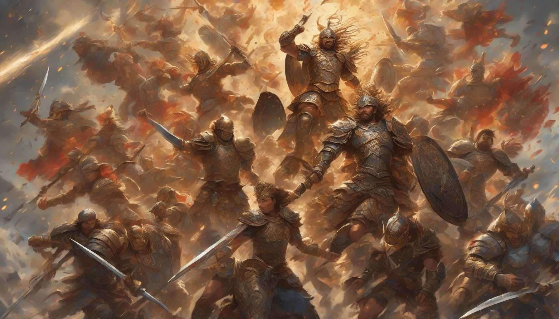 In a dynamic scene, a valiant warrior stands resolutely, arms raised to shield a group of diverse allies from a torrent of fiery projectiles raining down from above. The warrior's armor gleams with intricate designs, reflecting the intensity of the battle. Around them, the allies, a mix of races and classes, exhibit expressions of determination and trust, unified in the face of danger, creating an atmosphere charged with bravery and hope.