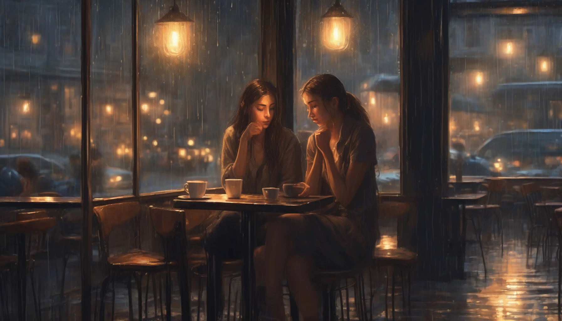 In a dimly lit café, a young woman sits across from her best friend, her heart racing as she confesses her feelings. The atmosphere crackles with emotion, the soft glow of candlelight illuminating their faces. Raindrops cascade down the window, mirroring her uncertainty. As she speaks, the world fades away, leaving only the tension of unspoken words hanging in the air, capturing the raw vulnerability of love’s surprising revelation.