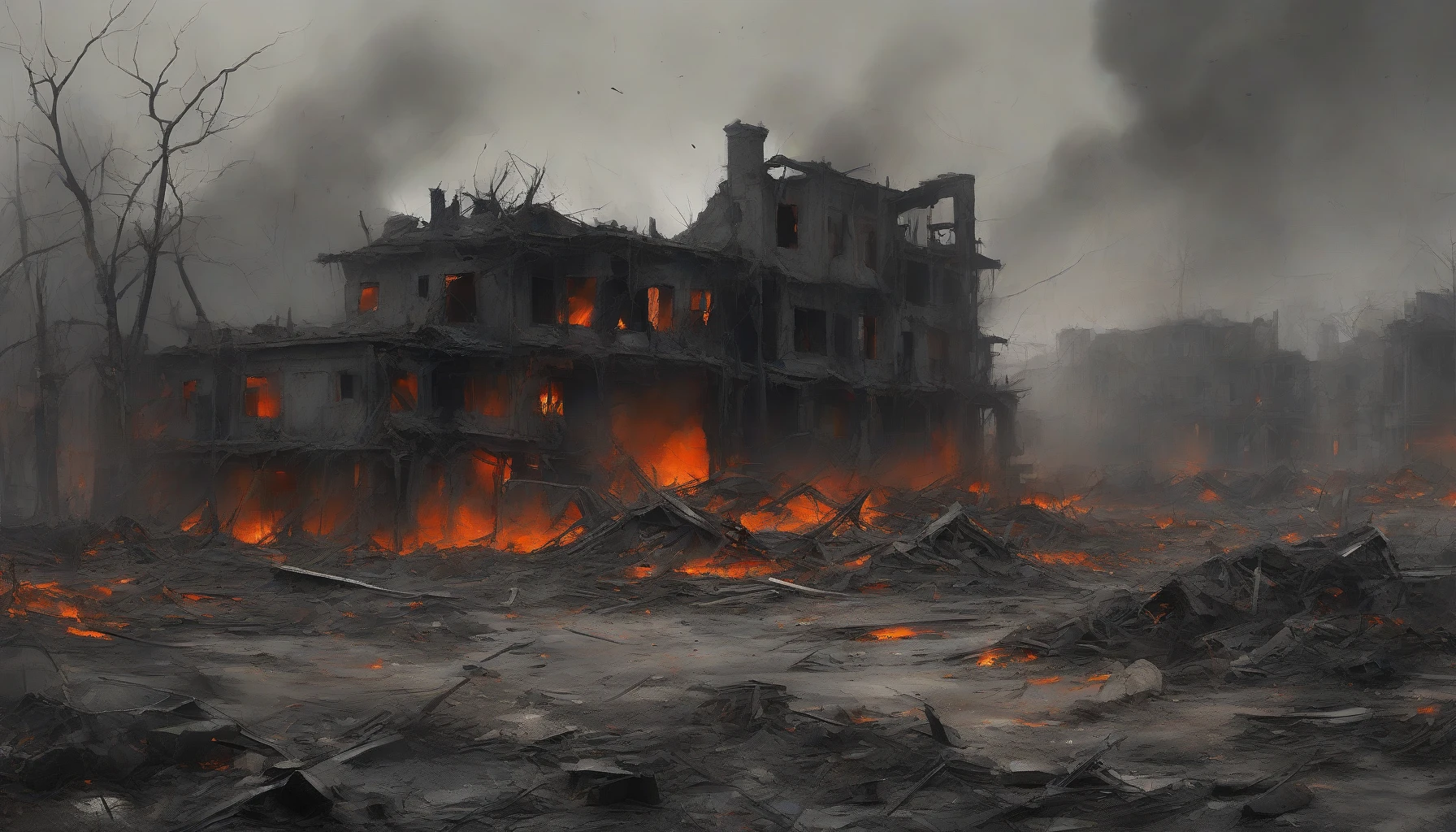 Imagine a stark, desolate terrain where the earth is charred black, remnants of a fiery explosion littering the ground. Scattered debris, twisted metal, and shattered remnants of structures punctuate the eerie silence. Smoke lingers in the air, casting a haunting shroud over the scene, while sharp contrasts of ash-gray and fiery orange hint at the violence that unfolded. The landscape tells a story of destruction and resilience amidst chaos.