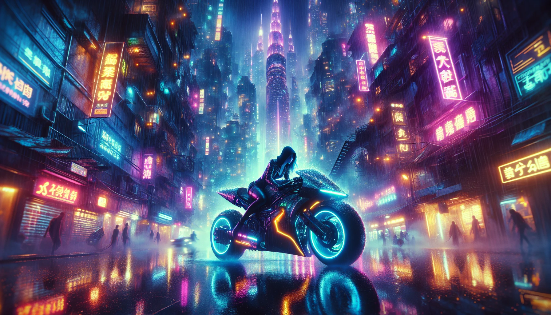 In a rain-soaked cyberpunk metropolis, a sleek neon-lit motorcycle tears through the slick streets, its vibrant glow illuminating the dark industrial landscape. Towering skyscrapers loom overhead, adorned with pulsating neon graffiti that tells stories of rebellion and despair. The air is thick with mist, reflecting a kaleidoscope of colors as the rider weaves through the shadows, embodying the spirit of survival in a world bathed in electric hues.