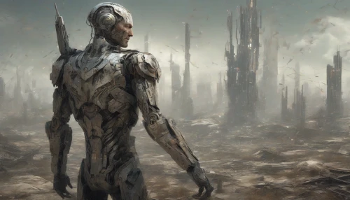 A battle-scarred veteran stands resolute, his weathered face etched with the stories of countless conflicts. His cybernetic arm gleams with futuristic technology, intricate circuits pulsating with energy. Clad in tattered armor, he gazes into the distance, memories of the past intertwining with his present. The backdrop is a dystopian landscape, with shattered buildings and flickering neon lights, setting the stage for a story of resilience and redemption.