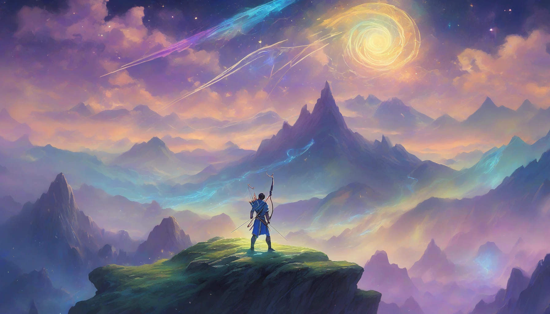 Depict a skilled archer standing atop a misty mountain, drawing back an ethereal bow. Surrounding him are multiple glowing arrows, each radiating distinct hues of blue, purple, and gold, forming a mesmerizing arc in the twilight sky. The landscape is a blend of lush green valleys below and a star-studded celestial backdrop, creating an enchanting atmosphere that captures the essence of magic and skill.