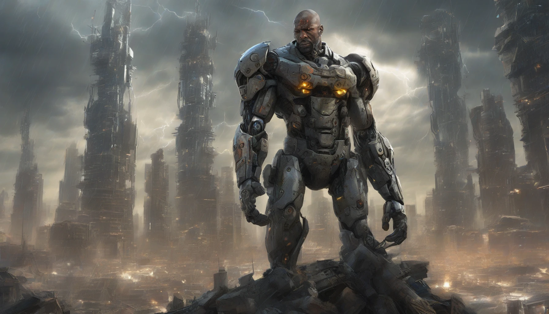 A fierce battle-scarred veteran stands resolute, showcasing a rugged exterior marked by countless confrontations. His cybernetic arm gleams with intricate technology, a fusion of steel and circuitry, hinting at enhanced strength and resilience. The background reveals a dystopian landscape—a war-torn city under a stormy sky—while his piercing gaze embodies a fierce determination, ready to face whatever challenges lie ahead in a world teetering on the brink of chaos.