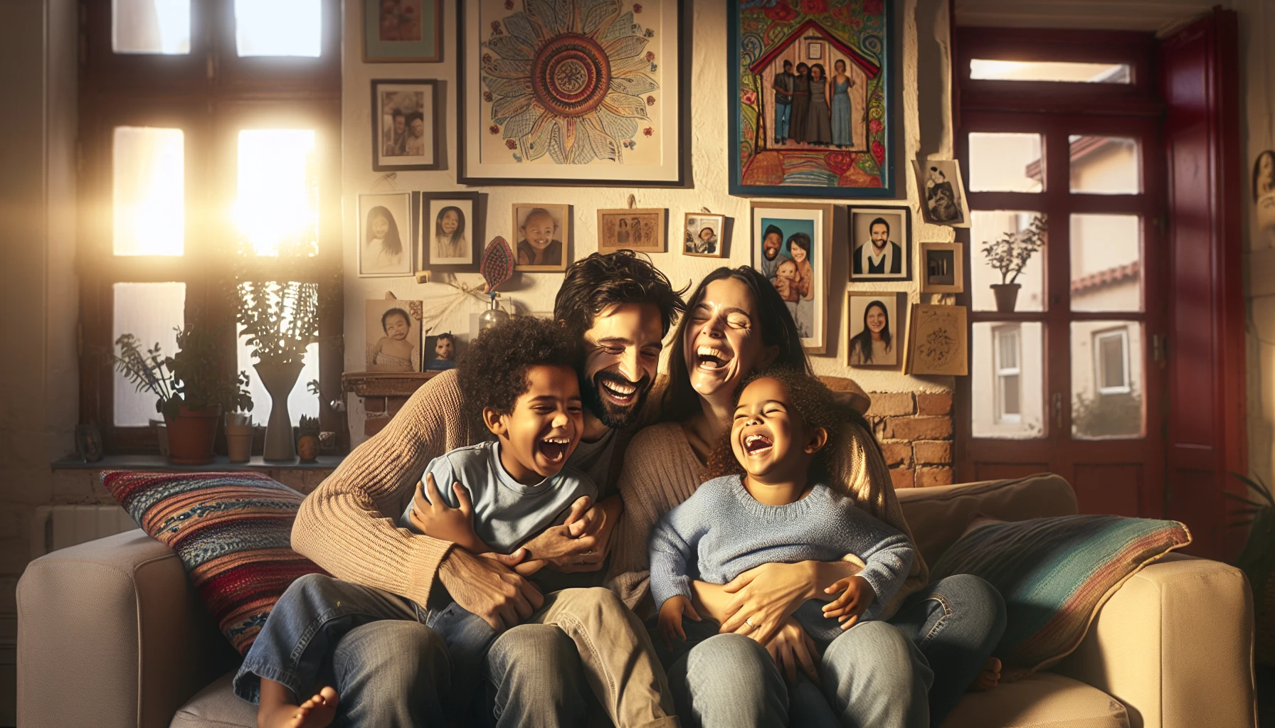 A warm scene unfolds within a cozy living room, where a diverse family shares joyful moments. Parents embrace their children, laughter echoing as they're surrounded by family photographs and colorful artwork. Soft sunlight filters through the window, casting a golden glow on their smiling faces. The room is adorned with symbols of love—handmade crafts, a family tree mural, and a shared pet, illustrating the bonds that unite them.