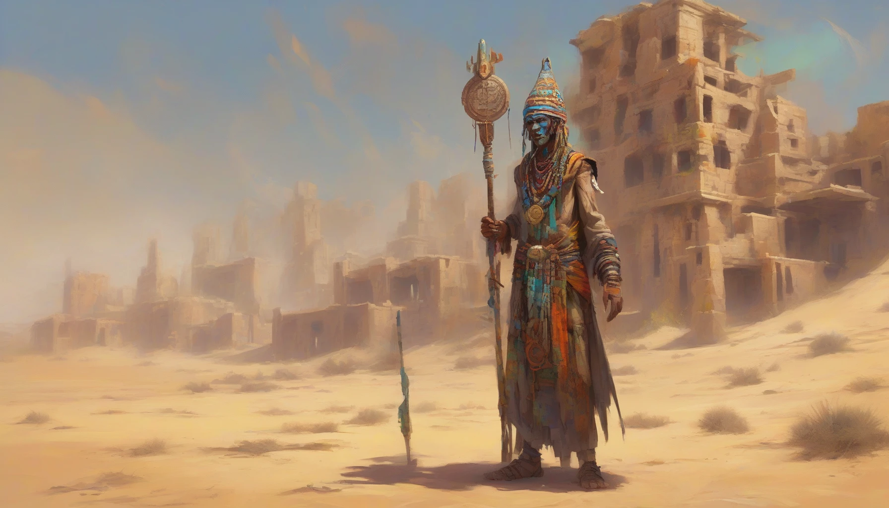 In a vast, desolate desert where the hot sun beats down mercilessly, a shaman stands tall amidst the ruins of a forgotten civilization. Dressed in tattered robes adorned with ancient symbols, their face is painted with vibrant colors that shimmer in the harsh light. Surrounding them, swirling sand dunes and broken artifacts hint at a once-thriving world. The air is thick with magic, as they commune with the spirits of the land.