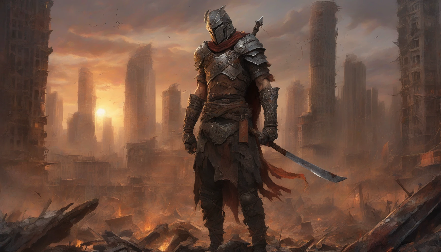 Picture a fierce warrior standing amidst the ruins of a once-thriving city, clad in tattered leather and scavenged armor. Their hands grip a makeshift weapon—an ax with a rusted blade and a handle wrapped in fraying cloth. In the background, crumbling skyscrapers rise against a fiery sunset, while scattered debris and remnants of civilization tell tales of survival. The air is thick with tension, ready for battle.