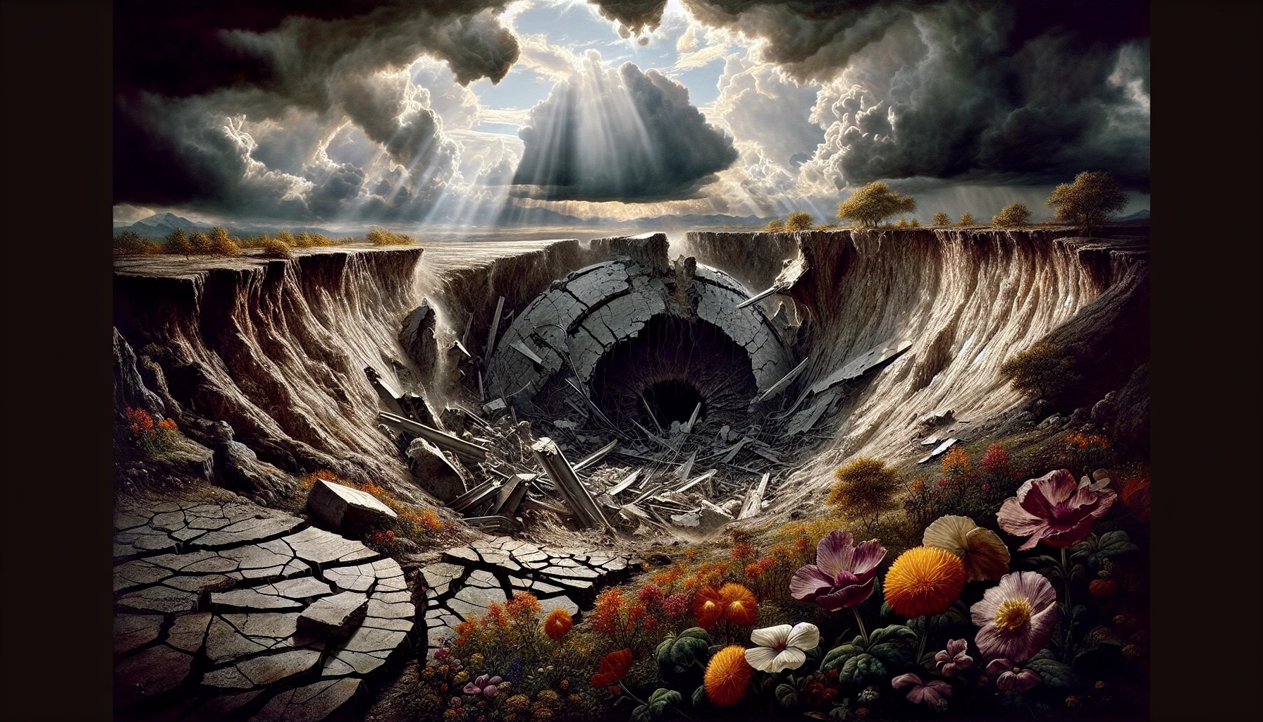 A colossal bomb crater dominates the landscape, its jagged edges stark against the sky. The ground, scarred and cracked, is littered with remnants of debris and twisted metal, telling tales of chaos. In the foreground, wildflowers bravely bloom, contrasting the grim surroundings with splashes of color. Dark clouds loom overhead, casting an ominous shadow, while rays of sunlight pierce through, hinting at resilience amidst despair.