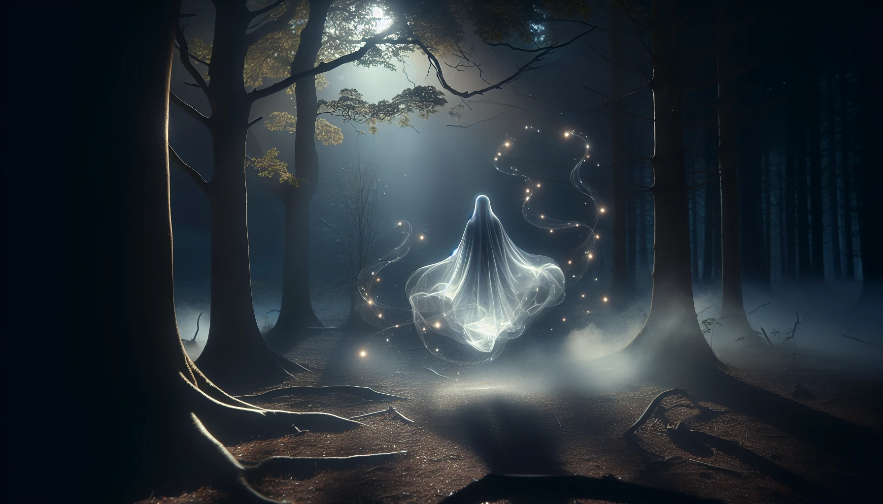 Envision a ghostly figure, shrouded in mist, floating gracefully in a darkened forest. Its translucent form radiates a soft, shimmering glow, casting an enchanting light that dances on the surrounding trees. The air is thick with an otherworldly presence, as ethereal wisps and sparks of luminescence swirl around, creating a mystical atmosphere. Shadows play delicately across the haunting landscape, evoking both wonder and a sense of serene unease.