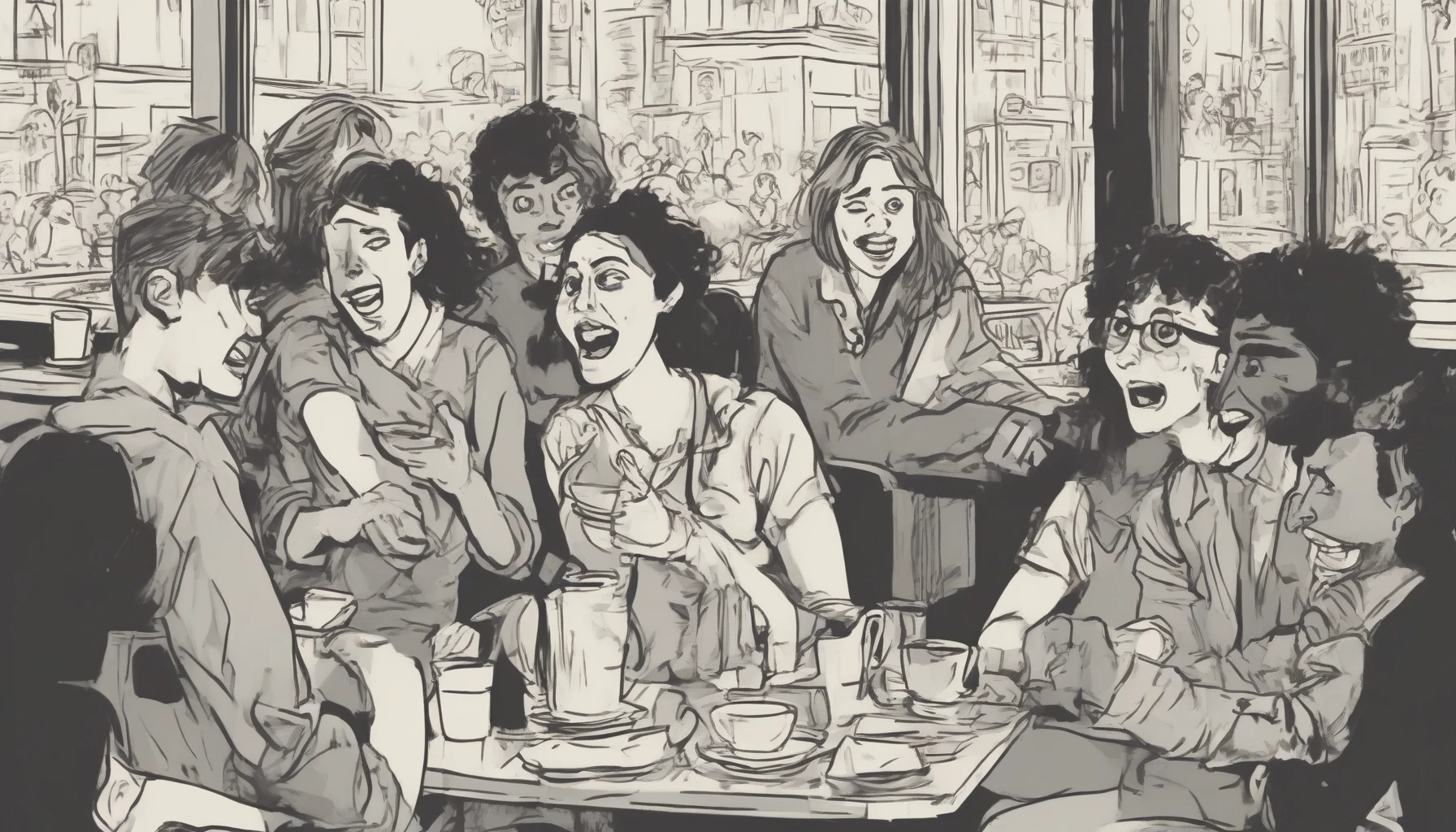 Capture a scene where a group of friends is seated at a crowded café, with one member suddenly telling an embarrassing story. The atmosphere is filled with nervous laughter, awkward glances, and animated gestures. The lighting is warm but slightly dim, casting playful shadows. Focus on the expressions of surprise, discomfort, and amusement, creating a lively, relatable moment that embodies the charm and tension of social interactions.