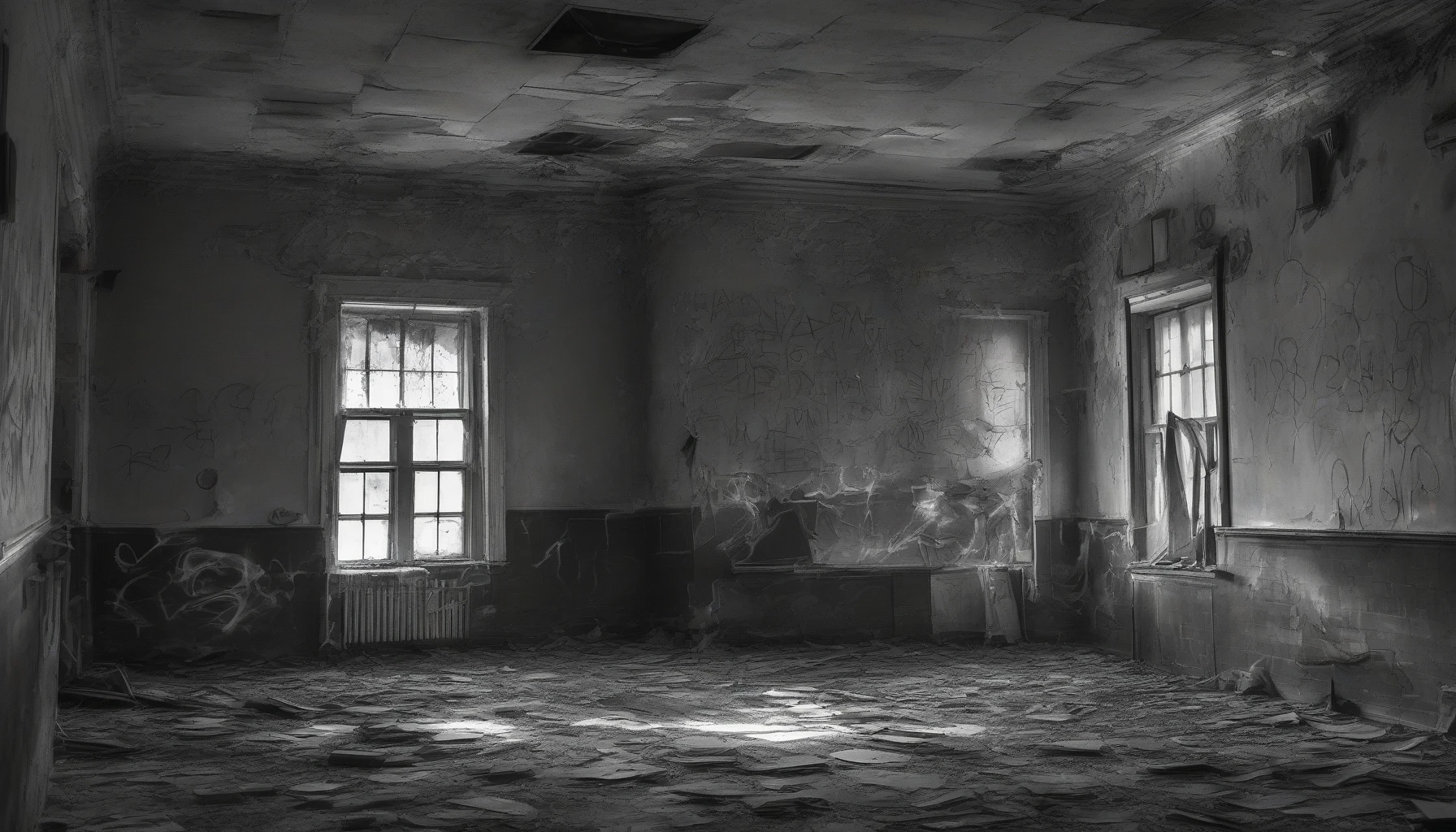 In a dimly lit, abandoned school, the air is thick with suspense as swirling shadows dance along crumbling walls. Faded chalkboards bear ghostly drawings, while scattered textbooks whisper untold stories. Broken windows allow moonlight to pierce through, illuminating dust particles that float like lost souls. Eerie whispers drift through the hallways, creating an atmosphere ripe for ghost hunting, where every creak and rustle could reveal secrets from the past.