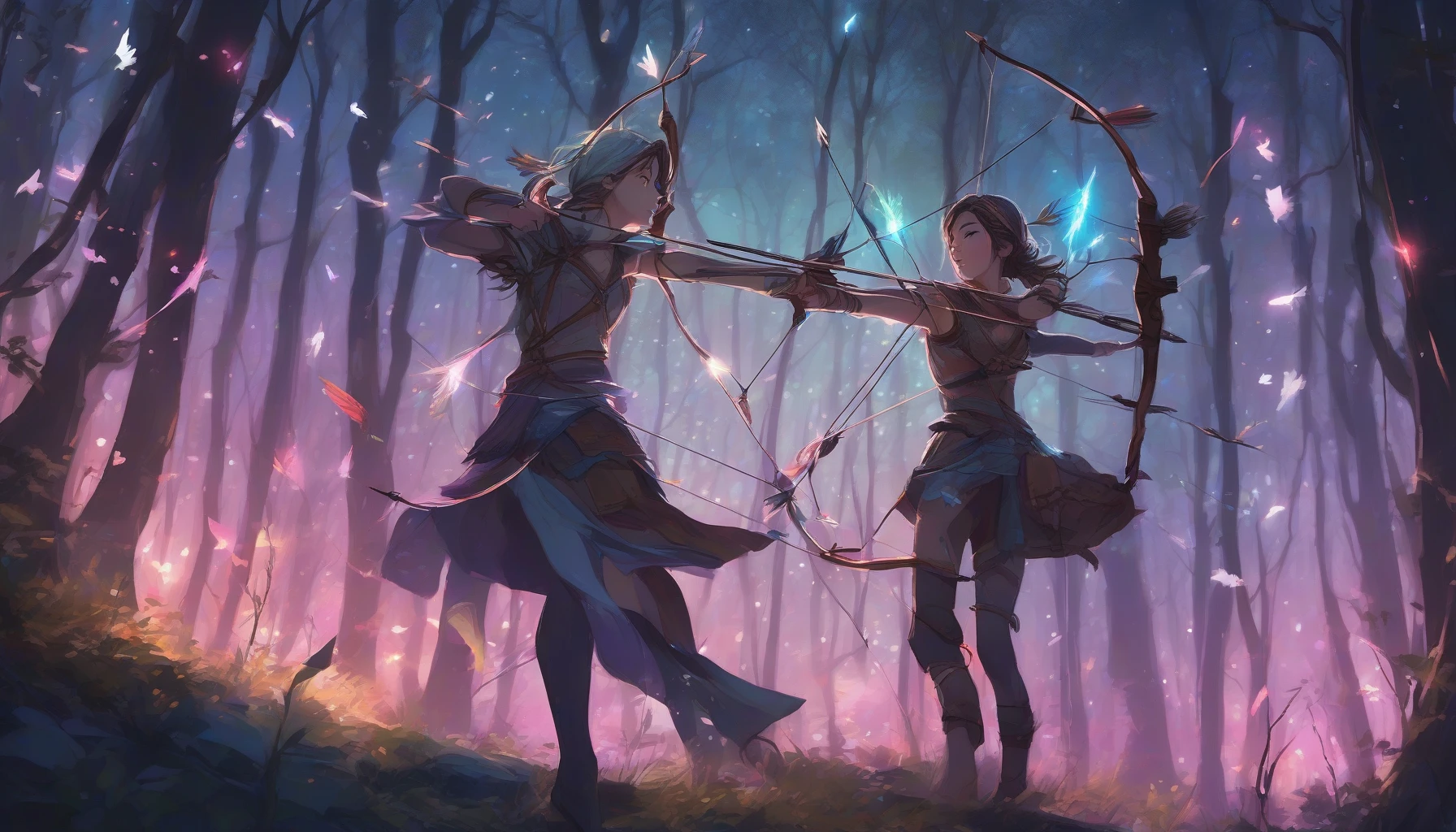 In a moonlit forest, an ethereal archer stands poised, drawing back a shimmering bow. Each arrow glows with a vibrant hue, pulsating with energy as they take flight into the night sky. Wisps of magical light trail behind the arrows, illuminating the dark woods. The air is thick with anticipation, and the surrounding trees appear to lean in, eager to witness the archer's divine aim and wondrous skill.