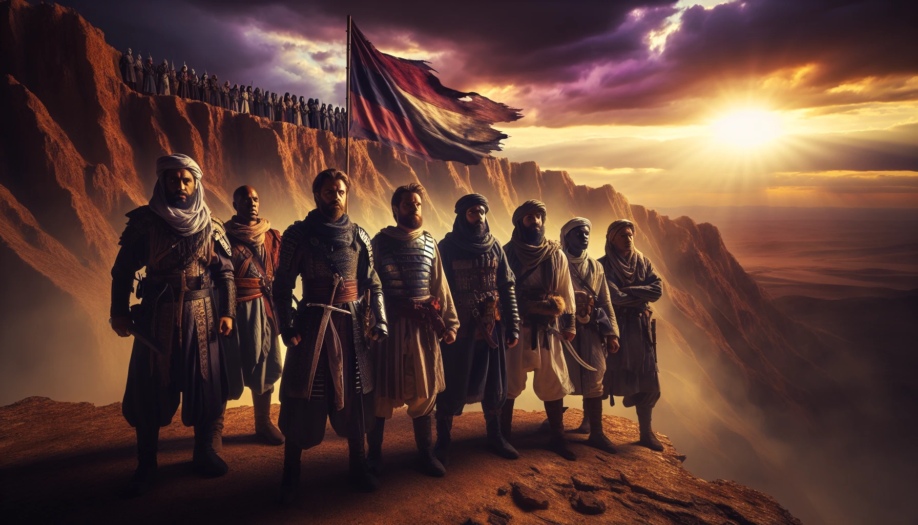 In a dramatic landscape, valiant warriors clad in traditional armor stand resolutely atop a rugged hill, gazing fiercely at the approaching shadows of an invading army. Their banners flutter in the wind, symbolizing hope and unity. The sky is painted with hues of orange and purple as the sun sets behind them, casting an epic glow on their determined faces, embodying courage and the spirit of resistance.