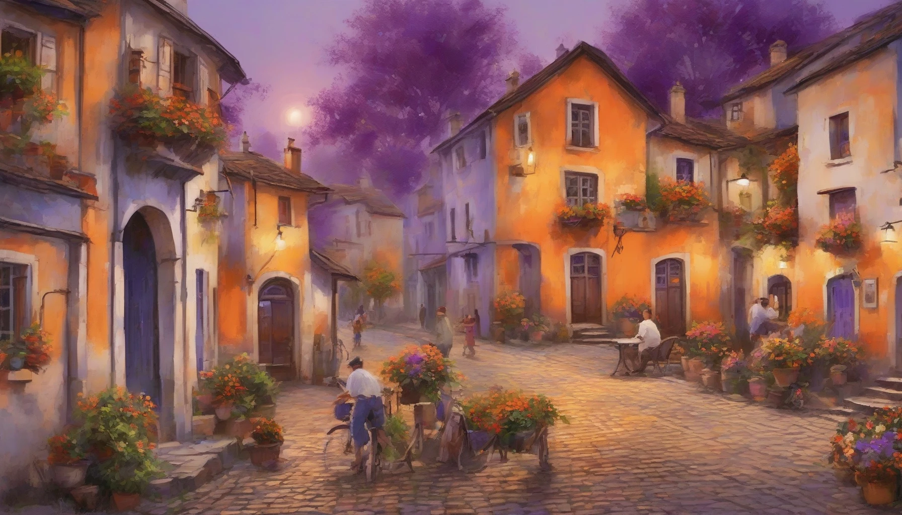 Capture the serene essence of a small countryside town, where time seems to stand still. Picture quaint houses with blooming gardens, children playing in golden fields, and villagers gathering at the local café, sharing stories over steaming cups of coffee. The sun sets in a blaze of orange and purple, casting a warm glow on the cobblestone streets, inviting tranquility and a sense of community.