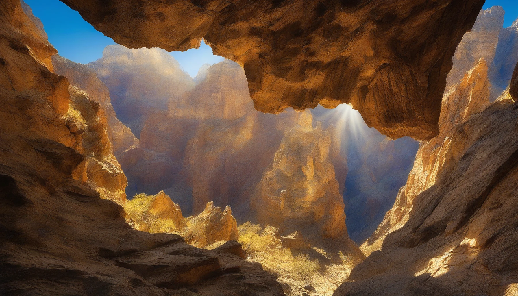 A breathtaking view of a narrow canyon, where towering cliffs embrace the vibrant blue sky, creating a breathtaking contrast. Sunlight streams through the narrow opening above, casting golden rays that dance across the rocky surfaces below. The interplay of light and shadow reveals hidden textures and colors, while the earthy scent of damp stone fills the air, immersing the viewer in this serene yet majestic natural wonder.