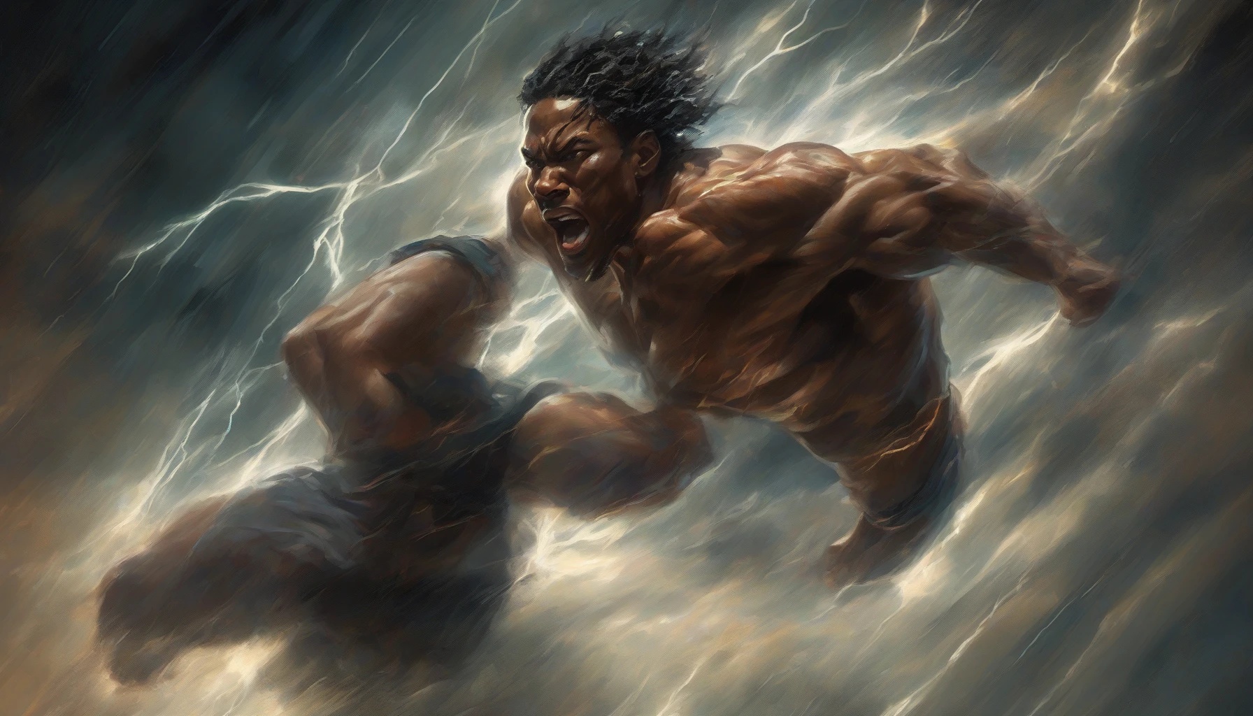 Capture a striking scene featuring a heroic figure mid-leap, muscles defined and face focused, set against a moody, illuminated backdrop. Rays of light pierce through swirling storm clouds, casting dramatic shadows that heighten the intensity. The vibrant colors of the action contrast with the dark environment, creating a powerful visual narrative that emphasizes movement, energy, and a sense of impending triumph.