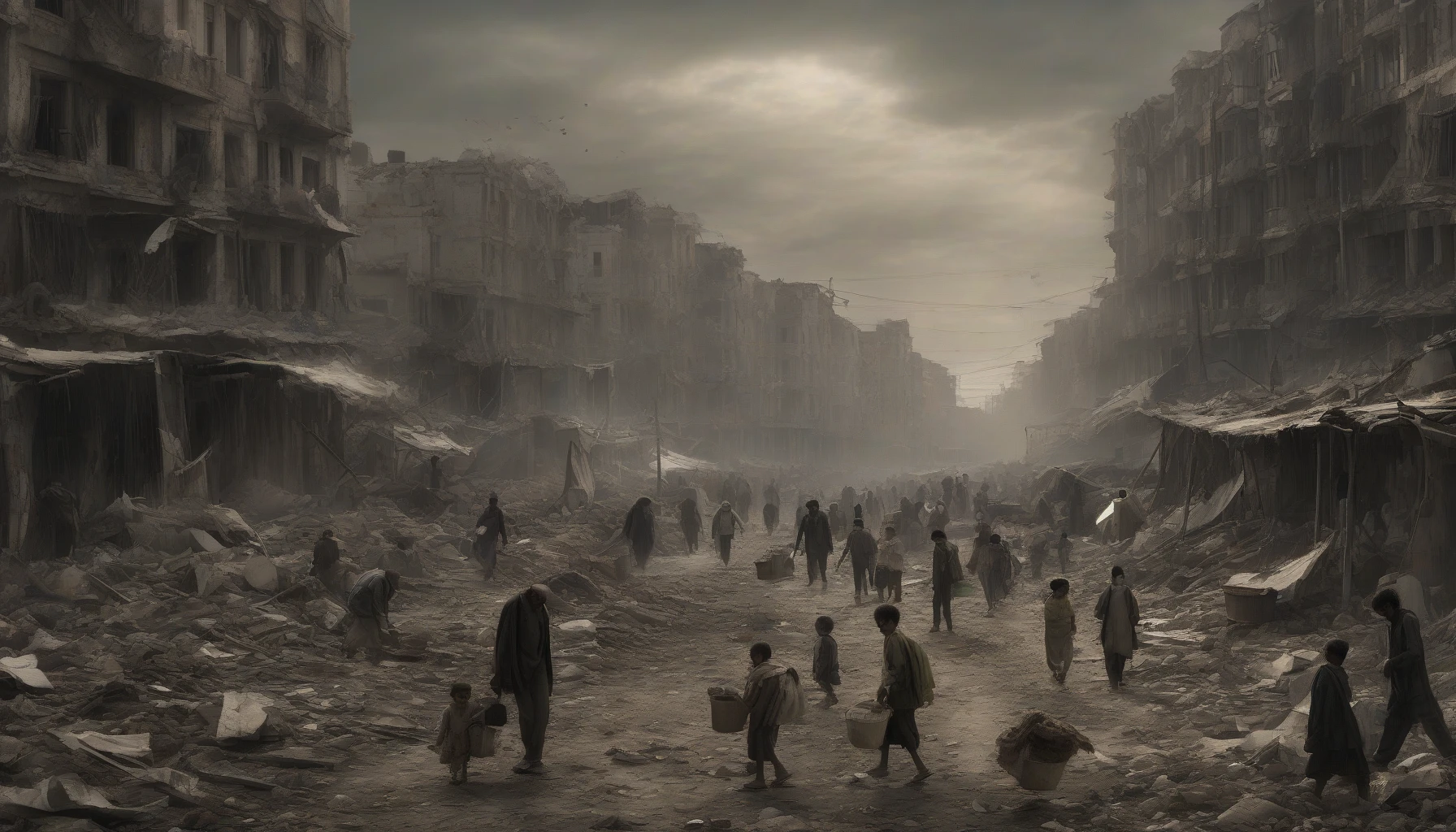 In a hauntingly beautiful scene, a multitude of weary refugees traverse the remnants of a shattered metropolis. Dust-laden skies loom overhead, casting a somber light on crumbled buildings and smoldering debris. Faces etched with fear and hope tell stories of loss and resilience. The air is thick with tension as they carry meager belongings, forging a path toward an uncertain future amidst the echoes of their once-vibrant lives.