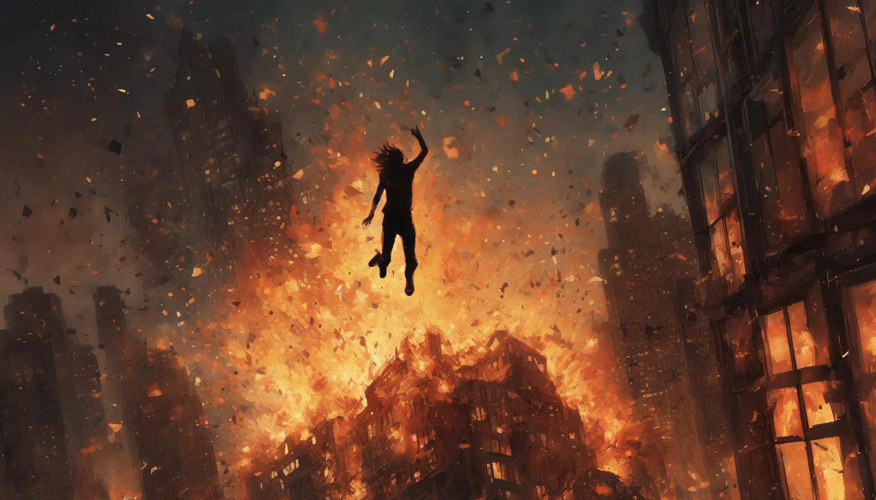 A fearless figure, silhouetted against a raging fire, leaps from the crumbling edge of a high-rise. Flames lick the edges of the building, casting a warm glow on their determined face. Shattered glass glitters like stars around them, while smoke billows up into the night sky. Below, a chaotic scene unfolds with onlookers capturing the moment, embodying the spirit of survival and bravery amid chaos.