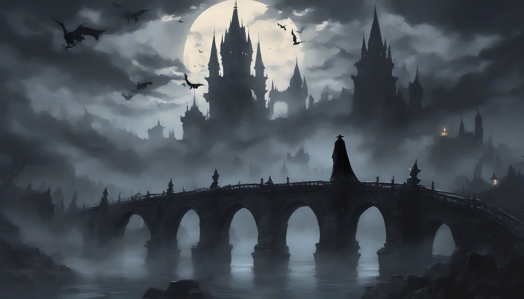 Immerse yourself in a hauntingly beautiful scene where dark, twisted spires pierce a stormy sky, cloaked in swirling mist. A lone figure, draped in flowing black attire, stands atop an ancient stone bridge, their features obscured by a haunting mask. Flickering lanterns cast eerie glows, illuminating grotesque gargoyles that loom above. This gothic anime world thrives on the edge of despair and allure, beckoning the curious into its depths.