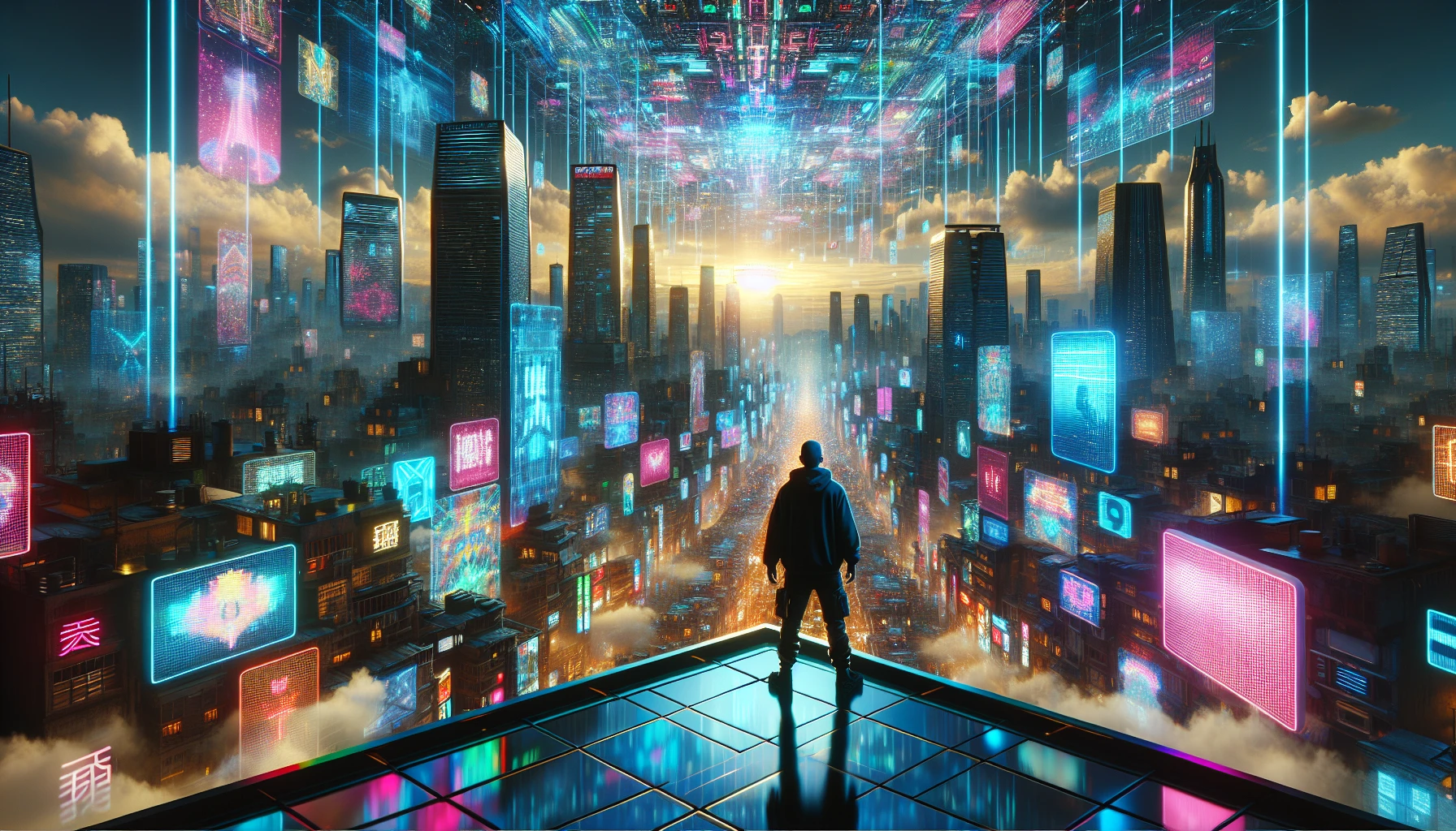 A lone figure stands atop a futuristic urban rooftop, gazing out over a sprawling cyberpunk city beneath a vibrant, glowing digital sky. Neon lights reflect off the sleek glass surfaces, casting a kaleidoscope of colors that dance on the pavement below. Skyscrapers soar into the clouds, adorned with holographic advertisements, while the hum of the metropolis fills the air, creating a mesmerizing symphony of urban life.