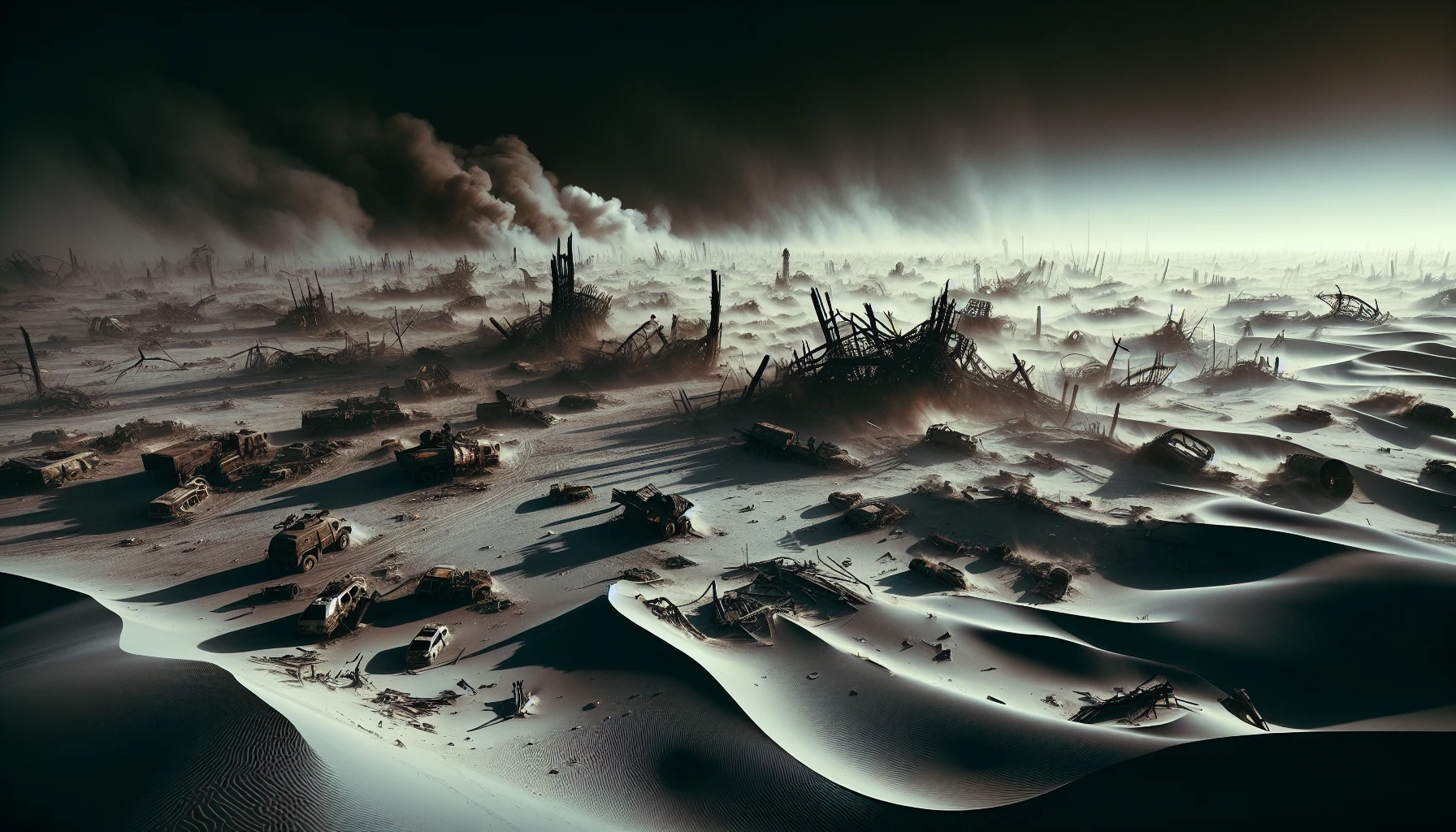 The scene captures a vast, war-torn desert, its sands swirling in a hot, relentless wind. Scattered debris of burned military vehicles and shattered remnants of civilization dot the landscape, casting long shadows in the harsh sunlight. Charred metal glistens ominously against the stark, barren terrain, while dark smoke billows in the distance, painting the sky with hues of gray and orange, echoing the desolation left in the wake of conflict.