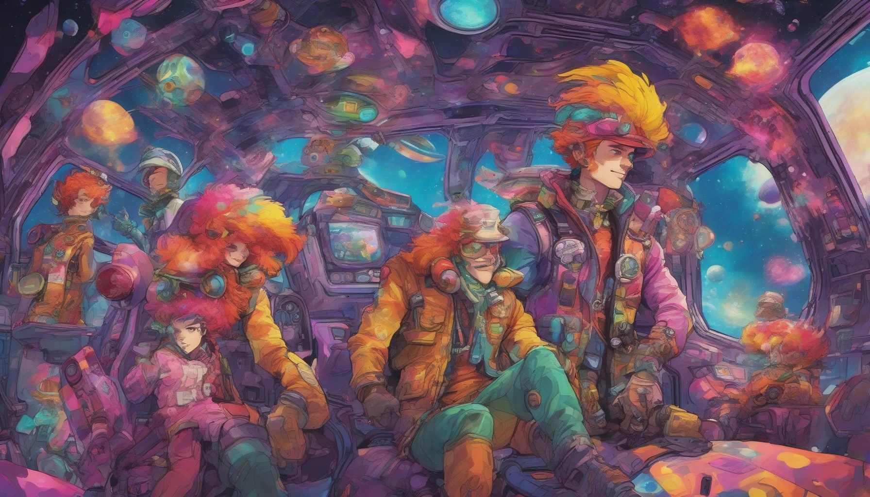 In a vibrant spacecraft hurtling through a galaxy of swirling nebulae, an eccentric crew dressed in flamboyant, mismatched outfits showcases their unique personalities. Each character, from a flamboyant captain with a feathered hat to a quirky mechanic with neon hair, contributes to their cosmic adventure. The cockpit is a kaleidoscope of colors, filled with whimsical gadgets and laughter echoing against the backdrop of distant stars.