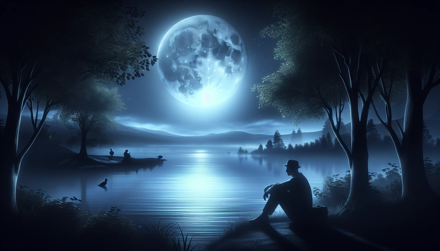 A serene scene unfolds under a mesmerizing full moon, casting silvery light upon a tranquil lake. Gentle ripples lap at the shore, where a solitary figure sits in quiet contemplation. Surrounding trees sway softly in the night breeze, their leaves whispering secrets of the stars above. The air is cool and crisp, invoking a profound sense of peace and introspection in this magical, dreamlike setting.