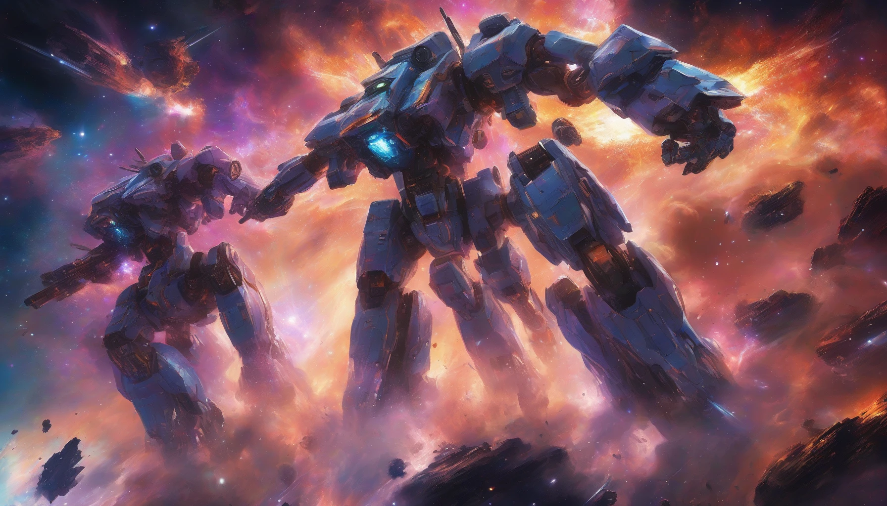 In the depths of a vibrant nebula, two colossal mechas engage in an intense battle, their metallic frames gleaming under distant stars. The pilots, adorned in sleek suits, skillfully maneuver their machines, unleashing vibrant energy blasts that illuminate the dark void. Surrounding them, swirling cosmic clouds and asteroids create a breathtaking backdrop, showcasing the chaos and beauty of a galactic war fought among the stars.