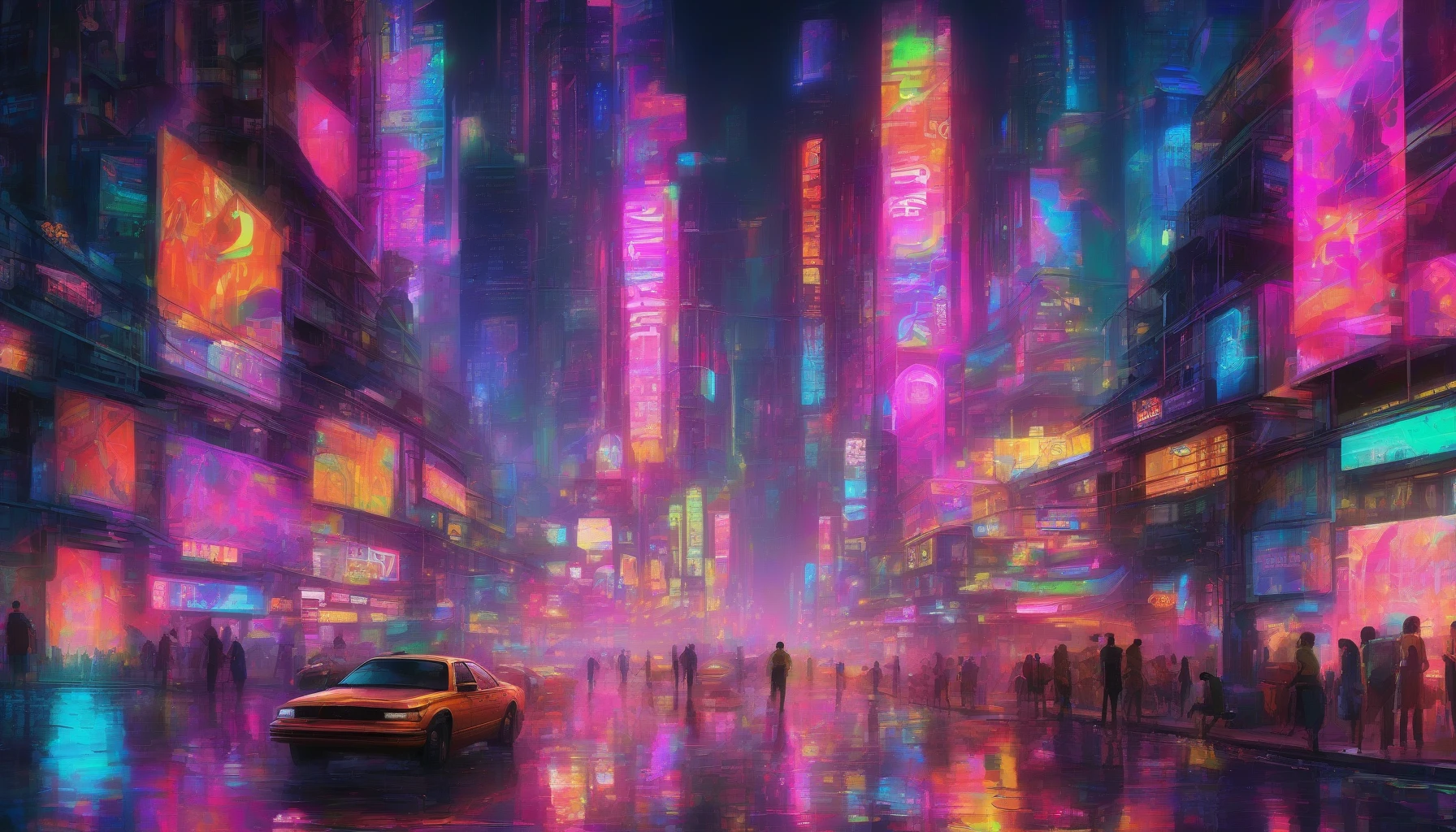 Immerse yourself in a bustling metropolis bathed in a kaleidoscope of neon colors. Towering skyscrapers adorned with holographic advertisements loom over crowded streets where cybernetically enhanced citizens navigate through a realm of vibrant lights and shadows. Misty rain reflects the neon glow, creating an otherworldly atmosphere filled with the hum of technology and the pulse of distant music, inviting you to explore this high-tech urban wonderland.