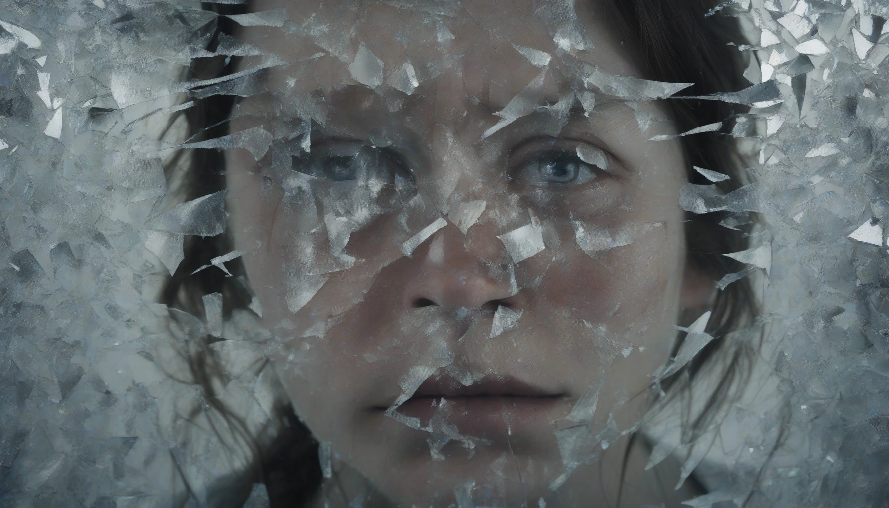 The image captures a moment frozen in time, where a person's face displays a mix of disbelief and hurt, their eyes wide and glistening with unshed tears. The backdrop fades into shadows, emphasizing the isolation of betrayal. Subtle details, like a broken mirror reflecting fragments of a once-happy memory, enhance the emotional depth, inviting viewers to feel the weight of this powerful moment of heartbreak and shock.