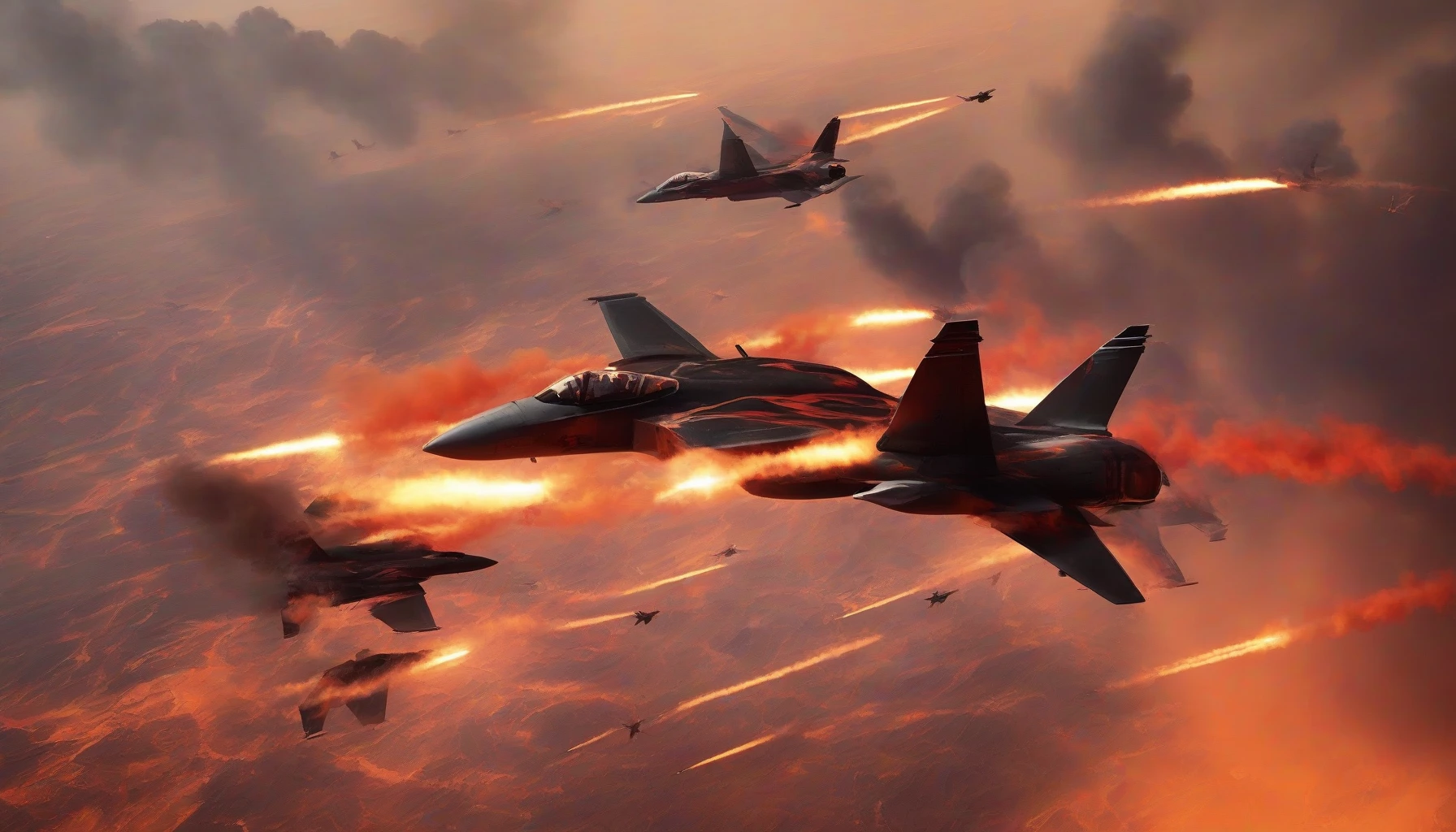 A dramatic scene unfolds as sleek, modern fighter jets soar above a blazing landscape, their silhouettes stark against the fiery orange and red hues of the inferno below. Thick plumes of smoke curl up, dancing with the jets' contrails, while embers glitter like stars in the turbulent air. The contrast of high-tech machinery and raw, untamed nature creates an electrifying tension, capturing the essence of power and chaos.