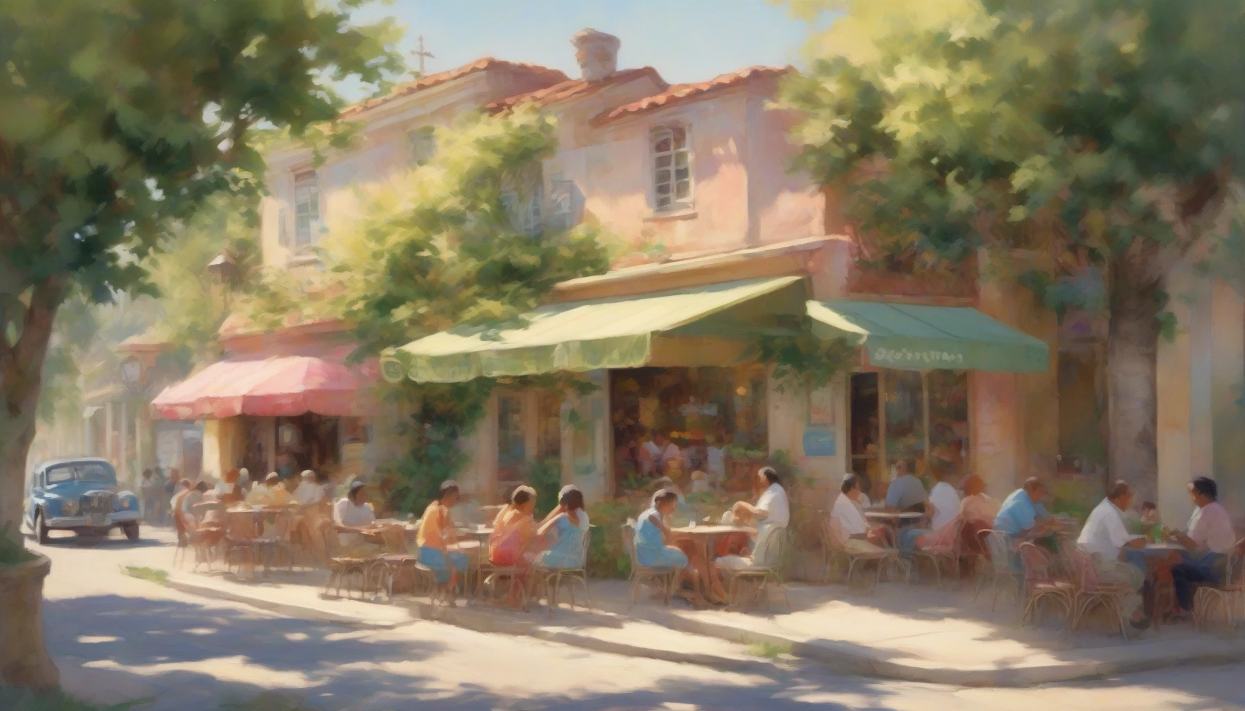 Imagine a serene scene bathed in soft pastel hues, capturing a cozy slice of life. A quaint café sits roadside, with patrons savoring their drinks on an inviting terrace. Gentle sunlight filters through lush greenery, casting playful shadows. Nearby, a couple enjoys a leisurely stroll, while children play joyfully, their laughter blending with the calming ambiance. This image radiates warmth, nostalgia, and the beauty of simple moments.