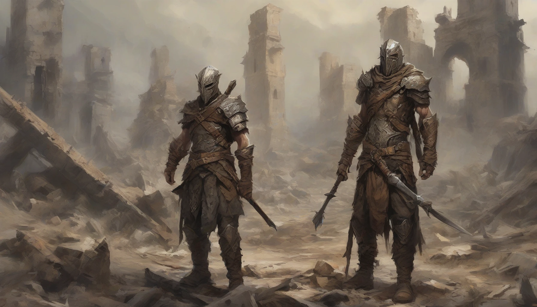 In a desolate landscape, a fierce warrior stands tall amidst the ruins of a forgotten civilization. Clad in tattered leather armor, their weathered face reveals stories of survival. Armed with an assortment of improvised weapons—a rusted metal pipe, a makeshift crossbow, and a jagged shield—this formidable figure radiates resilience. Surrounding them, remnants of the past intertwine with nature, creating a striking contrast of chaos and beauty.