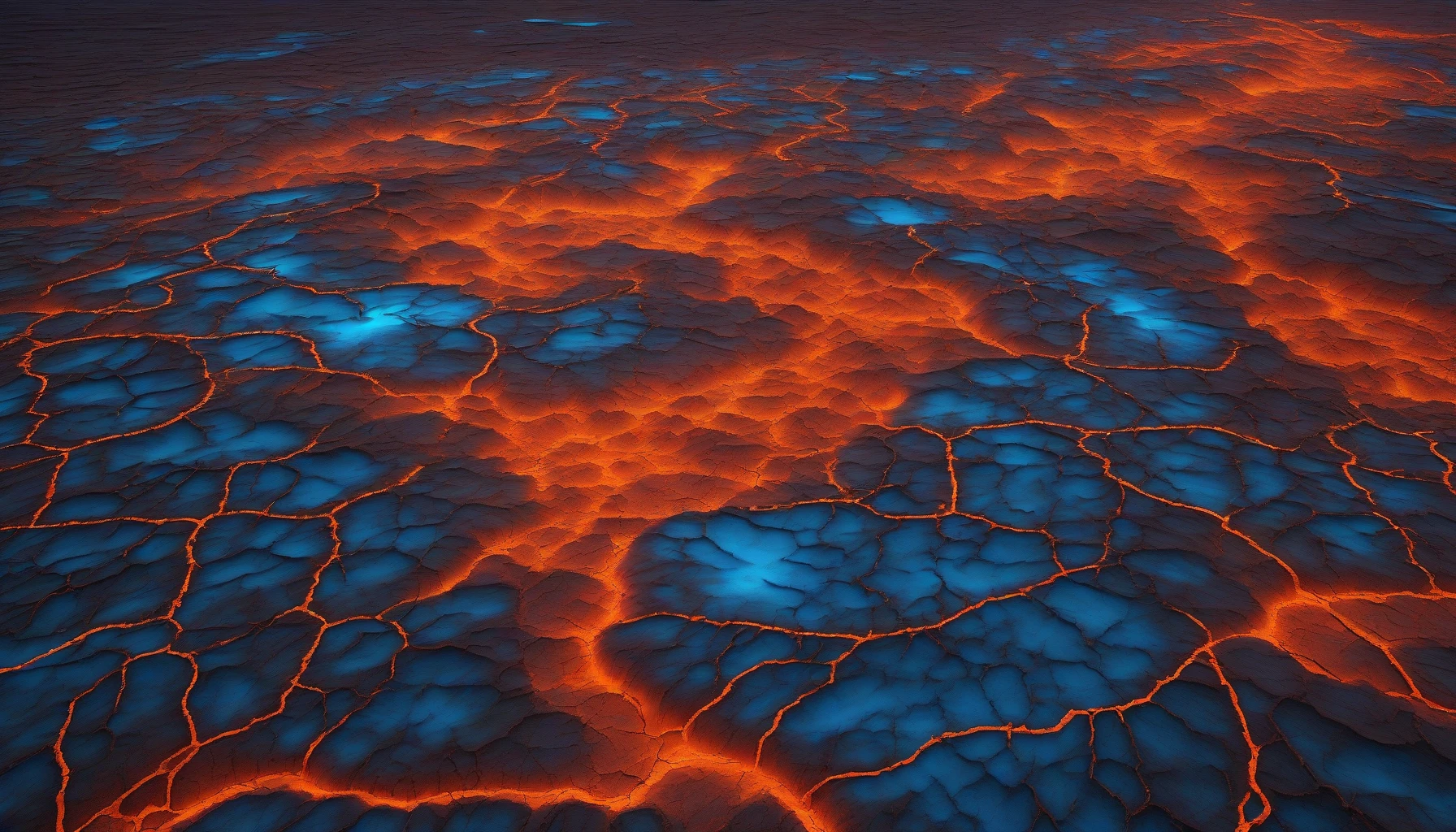 Imagine a vast landscape dominated by a cracked, parched earth surface, each fissure revealing a pulsating glow of vibrant energy beneath. The contrast between the dark, desolate ground and the radiant, otherworldly light creates a mesmerizing spectacle. The scene is illuminated with hues of electric blue and fiery orange, emphasizing the raw power waiting to erupt. Wisps of luminous energy escape from the crevices, hinting at the potential for transformation.